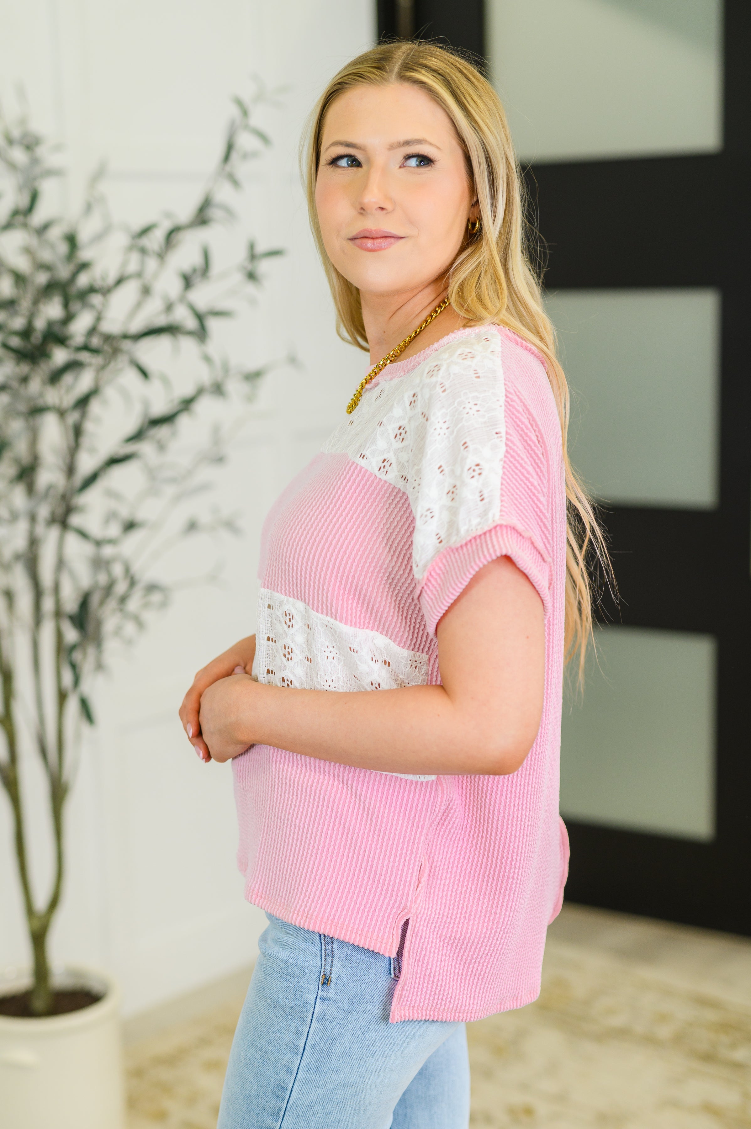 7th Ray Parlour Picnic Color Block Knit Top in Pink Womens