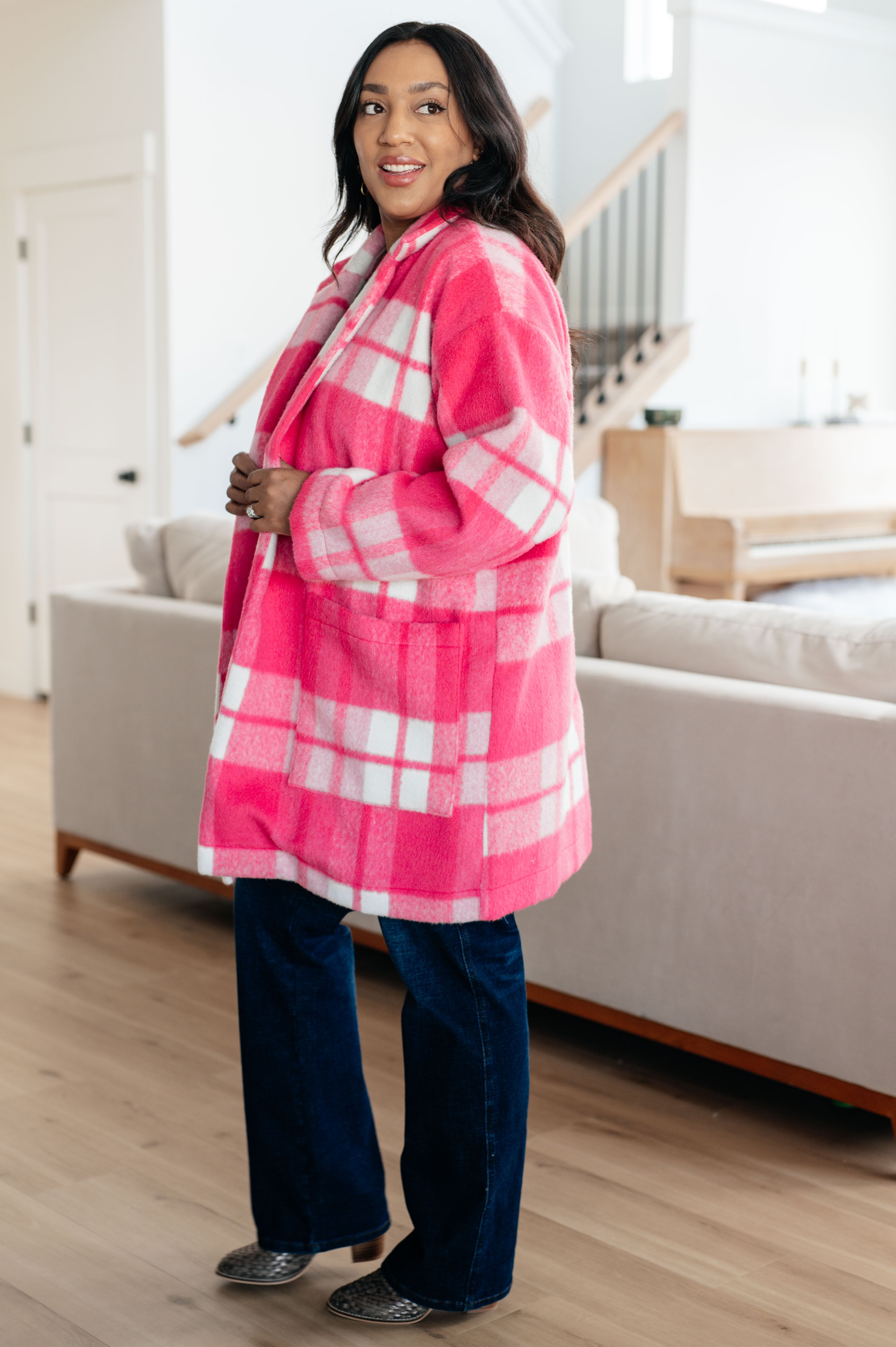 Davi & Dani Passion in Plaid Open Front Coat in Pink Layers