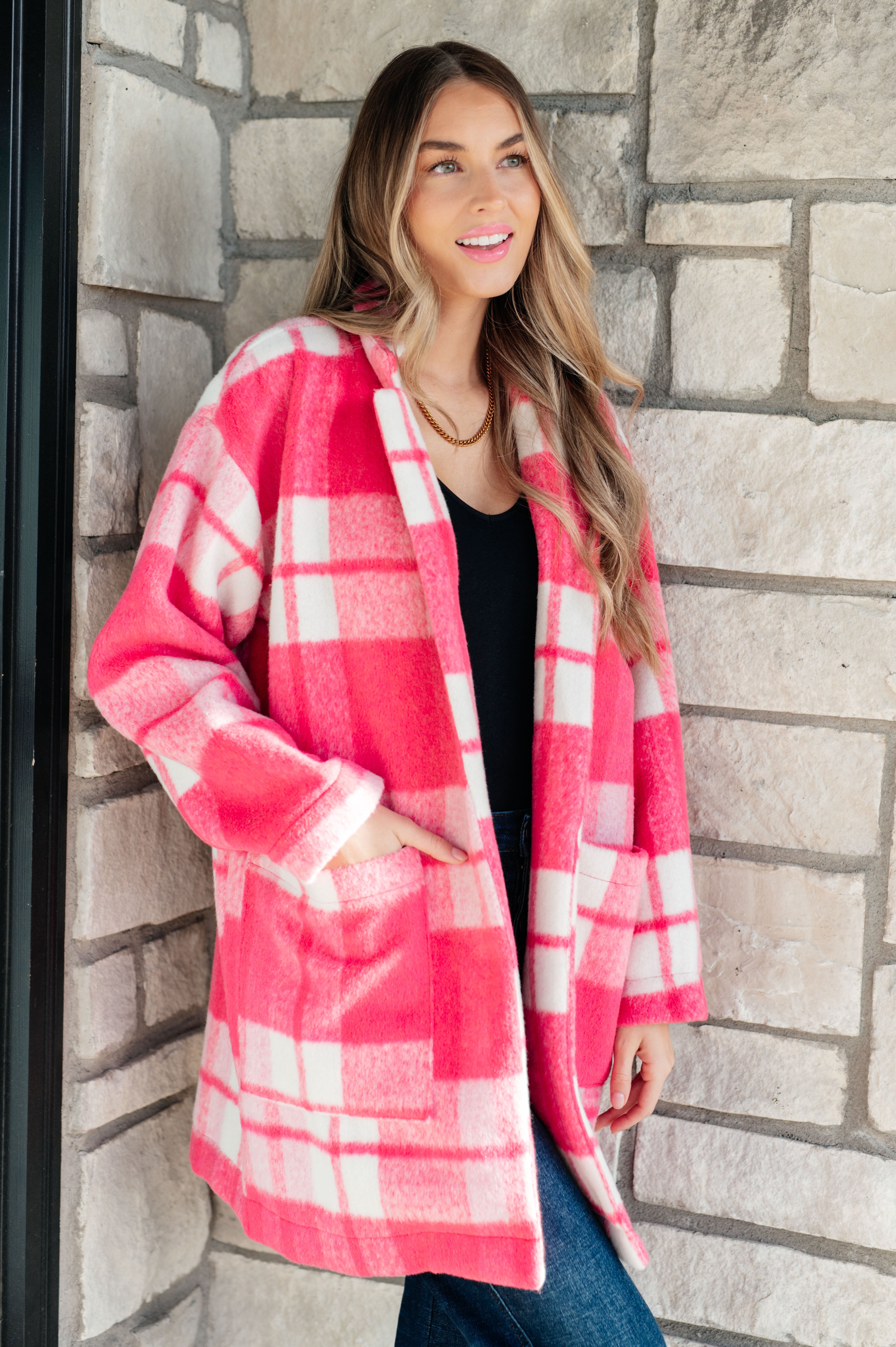 Davi & Dani Passion in Plaid Open Front Coat in Pink Layers