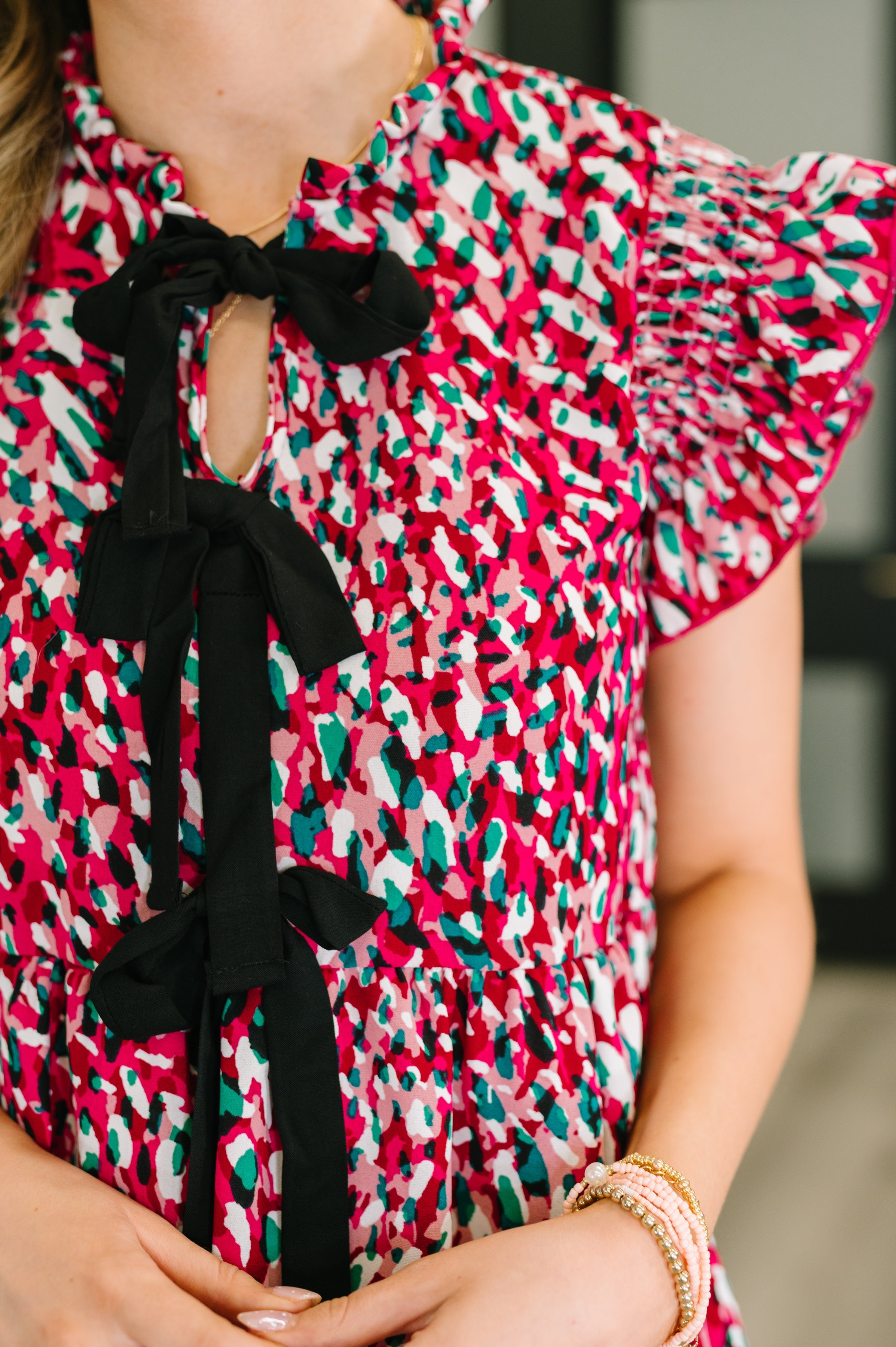 Haptics Pattern Pending Bow Detail Dress in Fuchsia and Black Womens