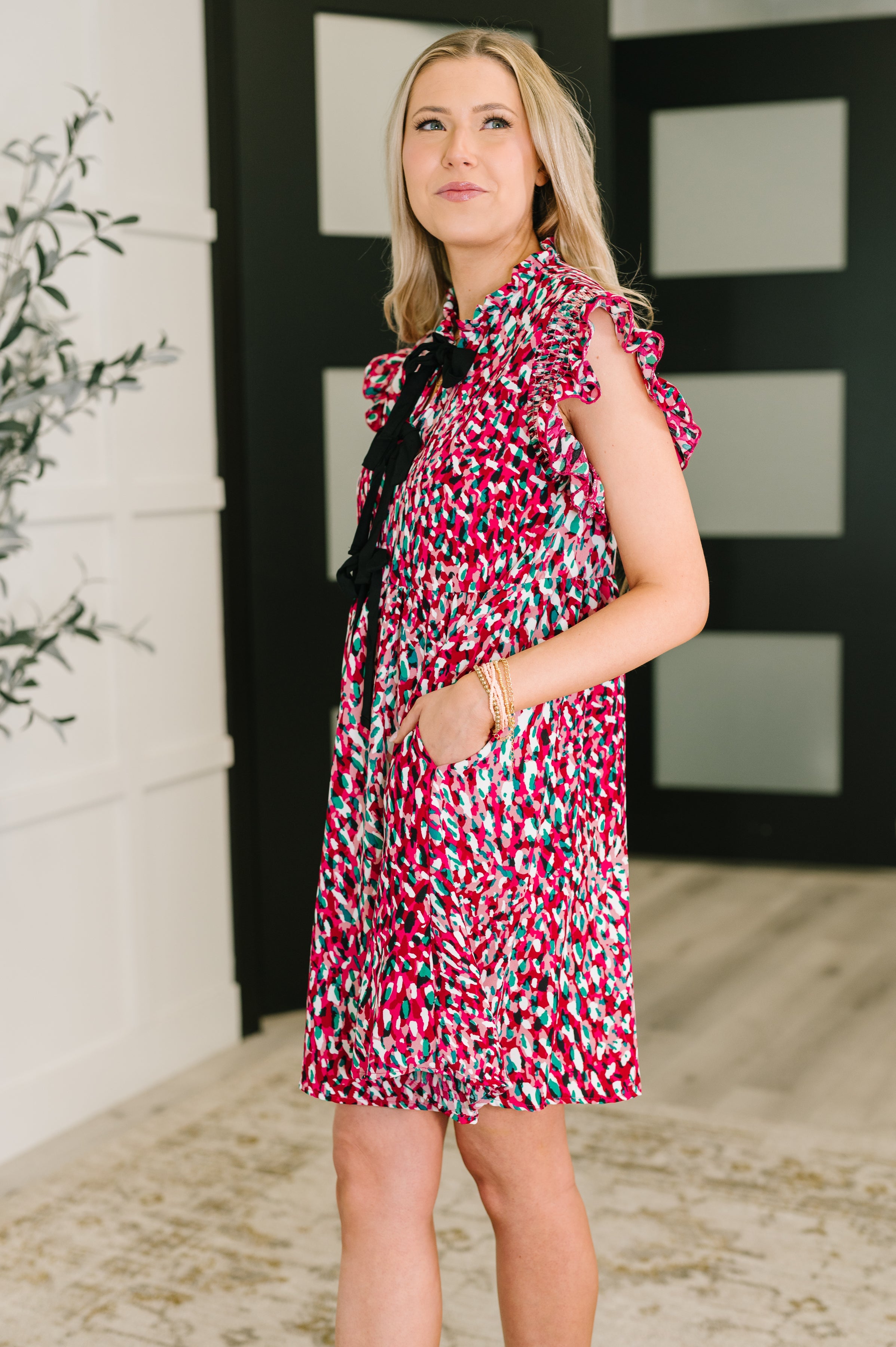 Haptics Pattern Pending Bow Detail Dress in Fuchsia and Black Womens