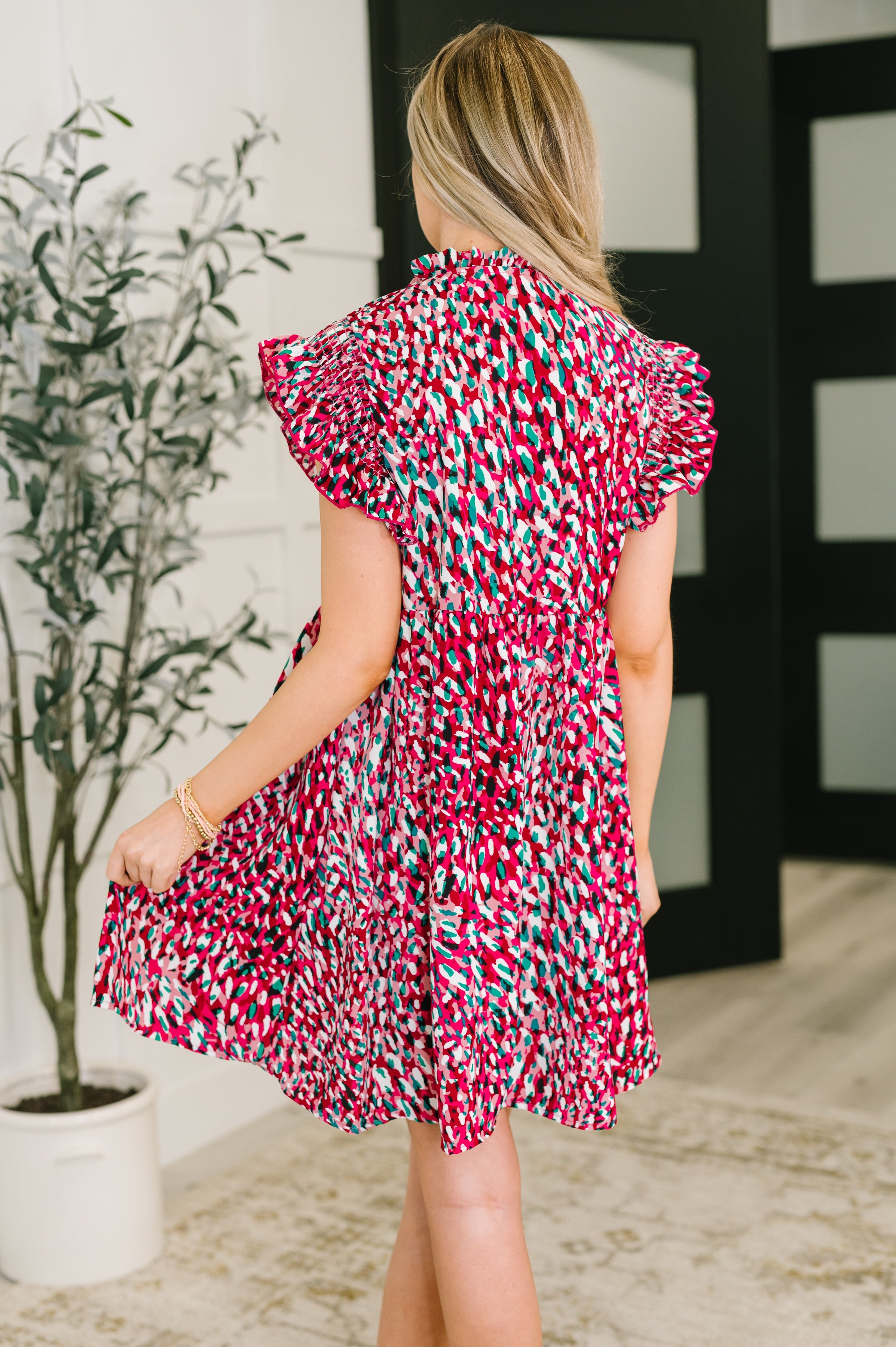 Haptics Pattern Pending Bow Detail Dress in Fuchsia and Black Womens