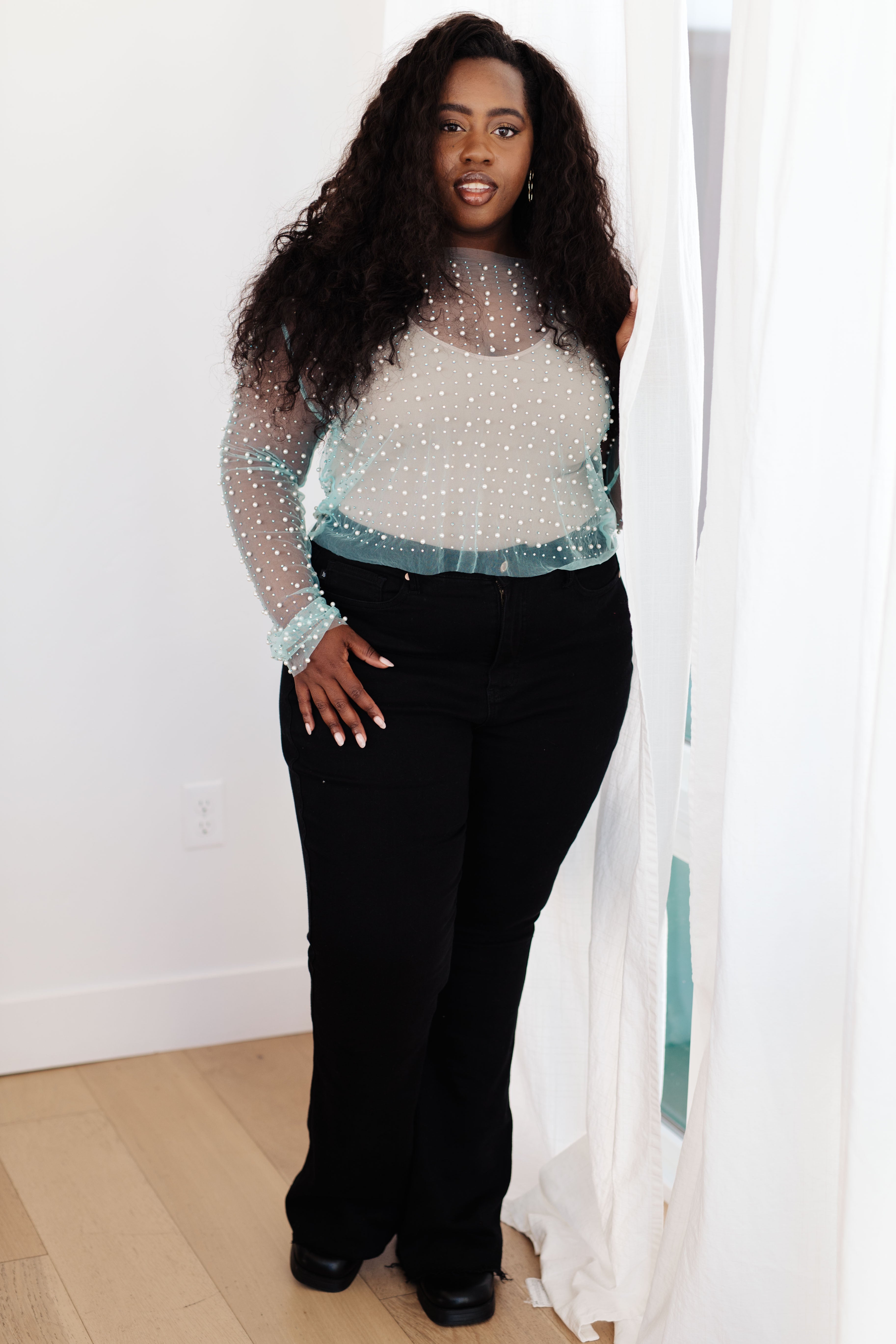 White Birch Pearl Diver Layering Top in Light Cyan Tops