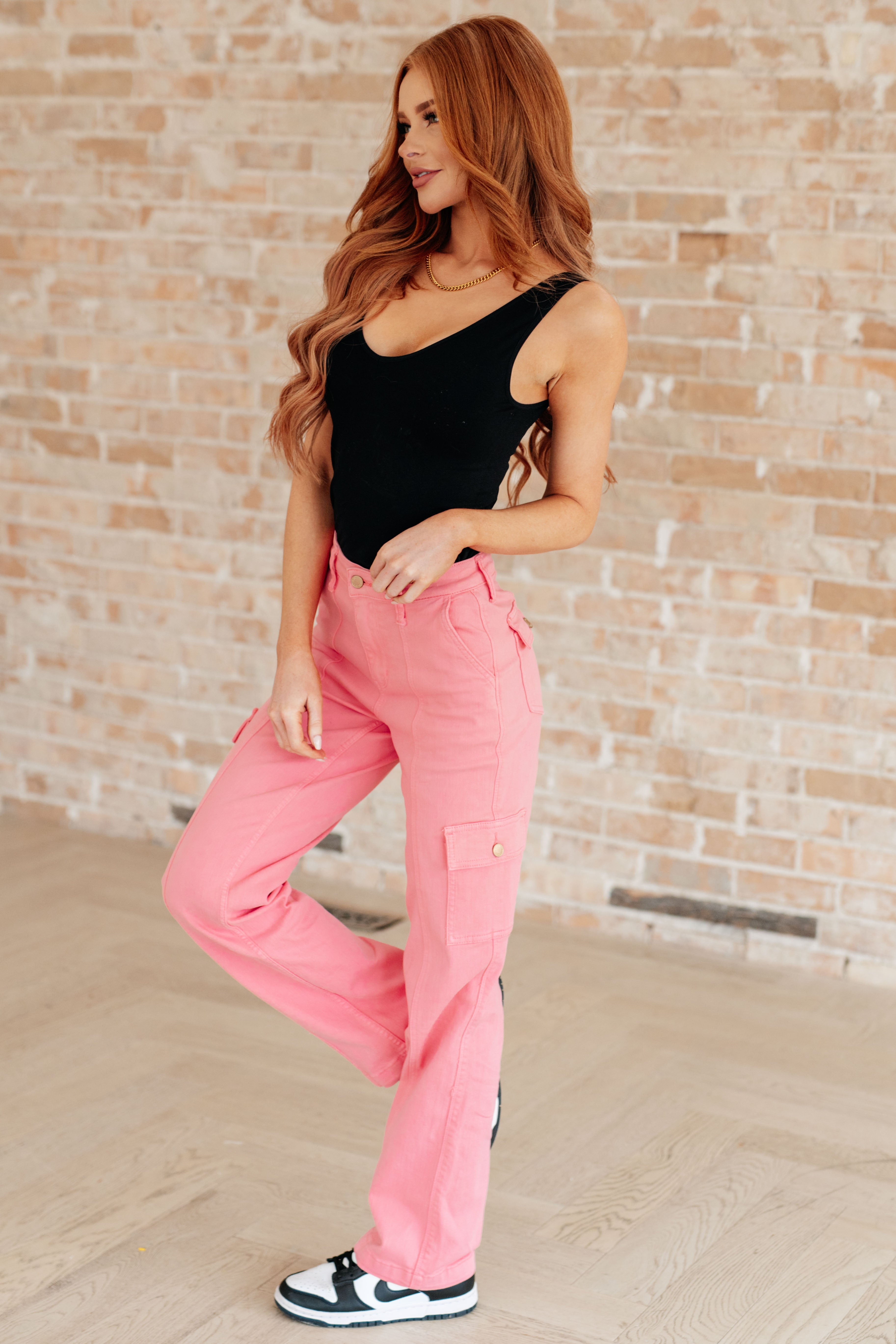 Judy Blue Peggy High Rise Cargo Straight Jeans in Pink Jeans