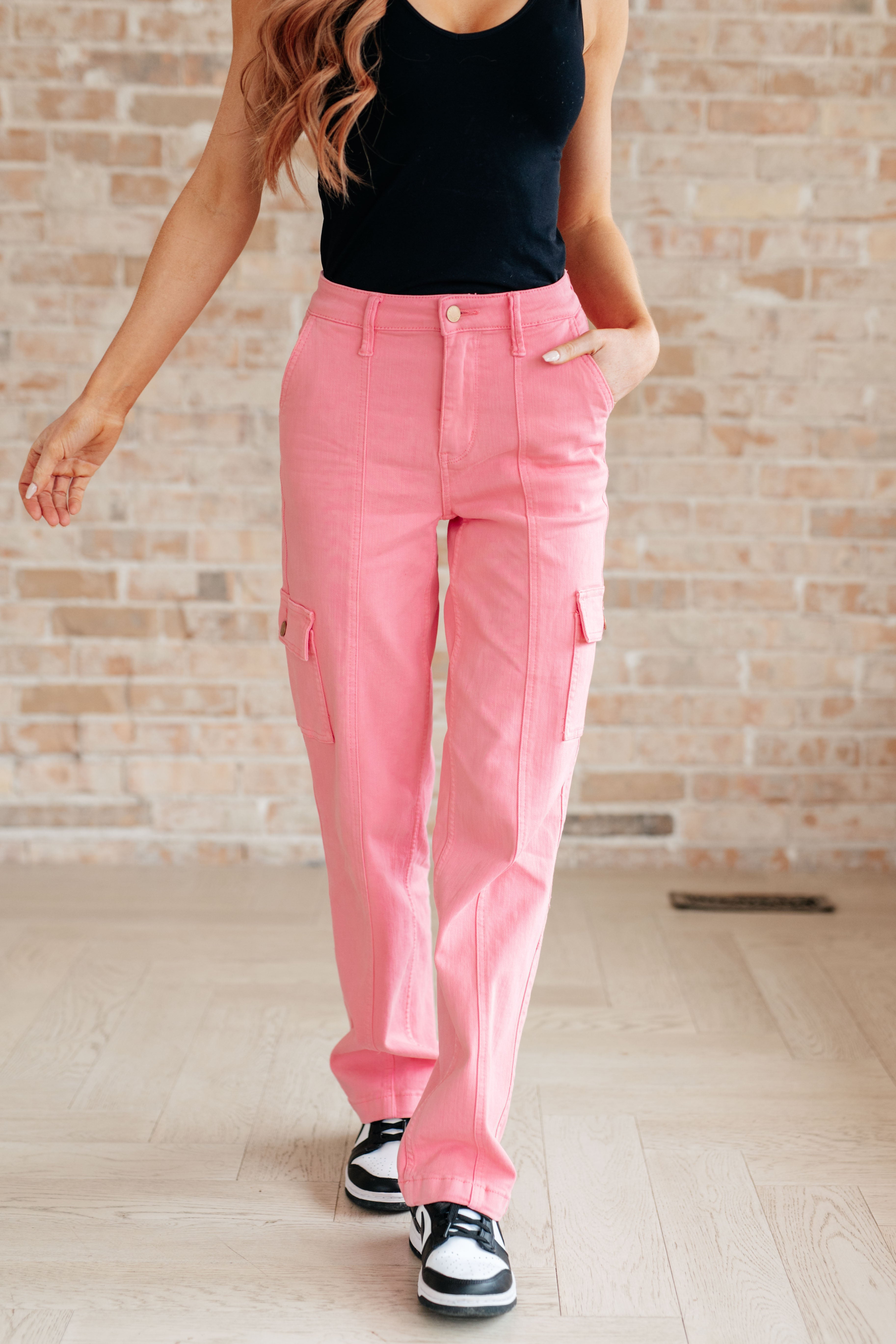 Judy Blue Peggy High Rise Cargo Straight Jeans in Pink Jeans