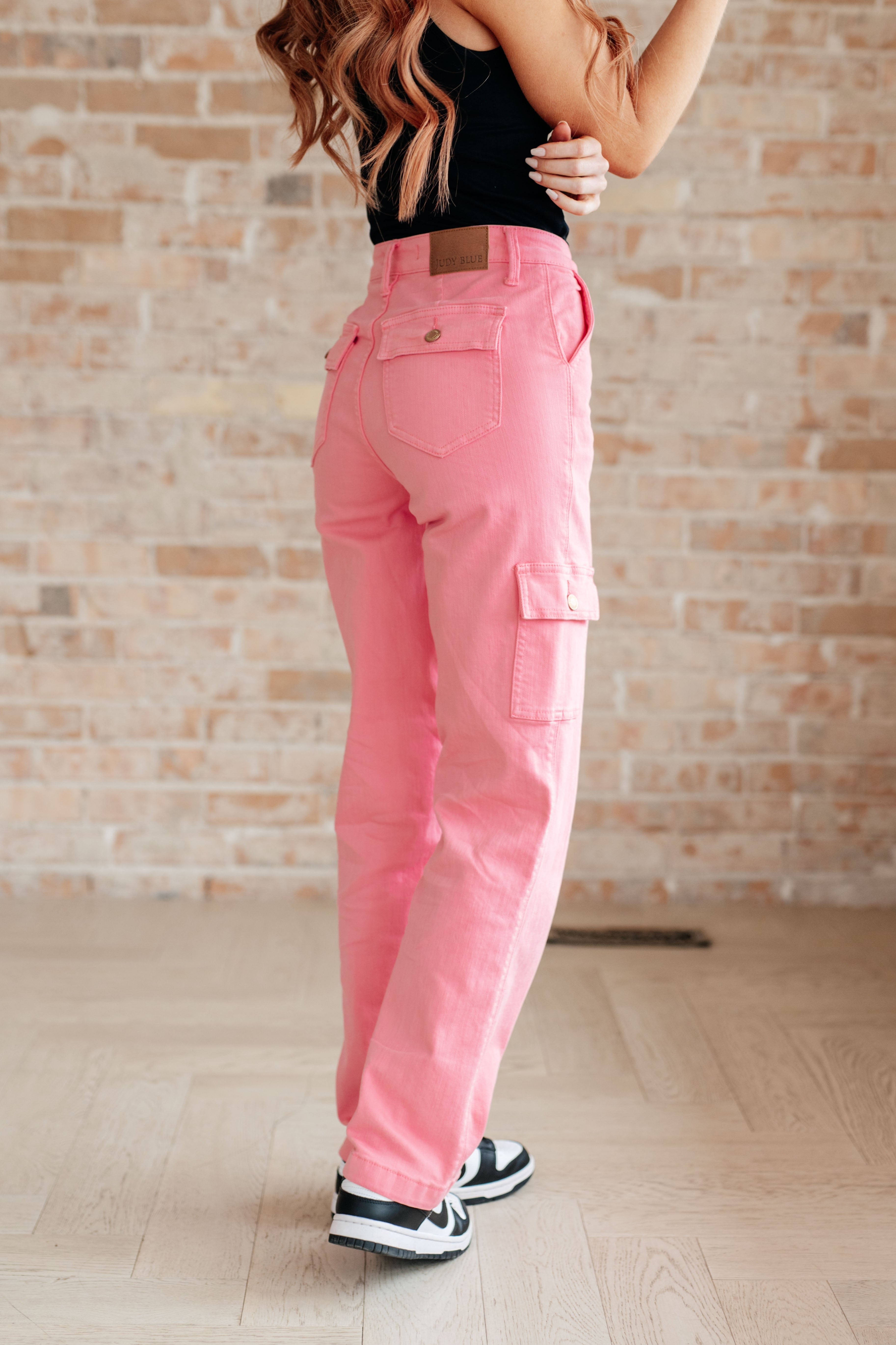 Judy Blue Peggy High Rise Cargo Straight Jeans in Pink Jeans