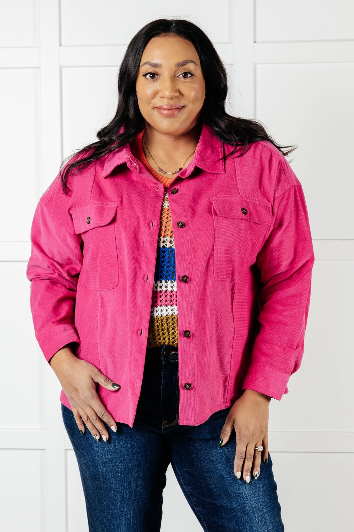 Jodifl Perfect Pop of Pink Corduroy Jacket Layers
