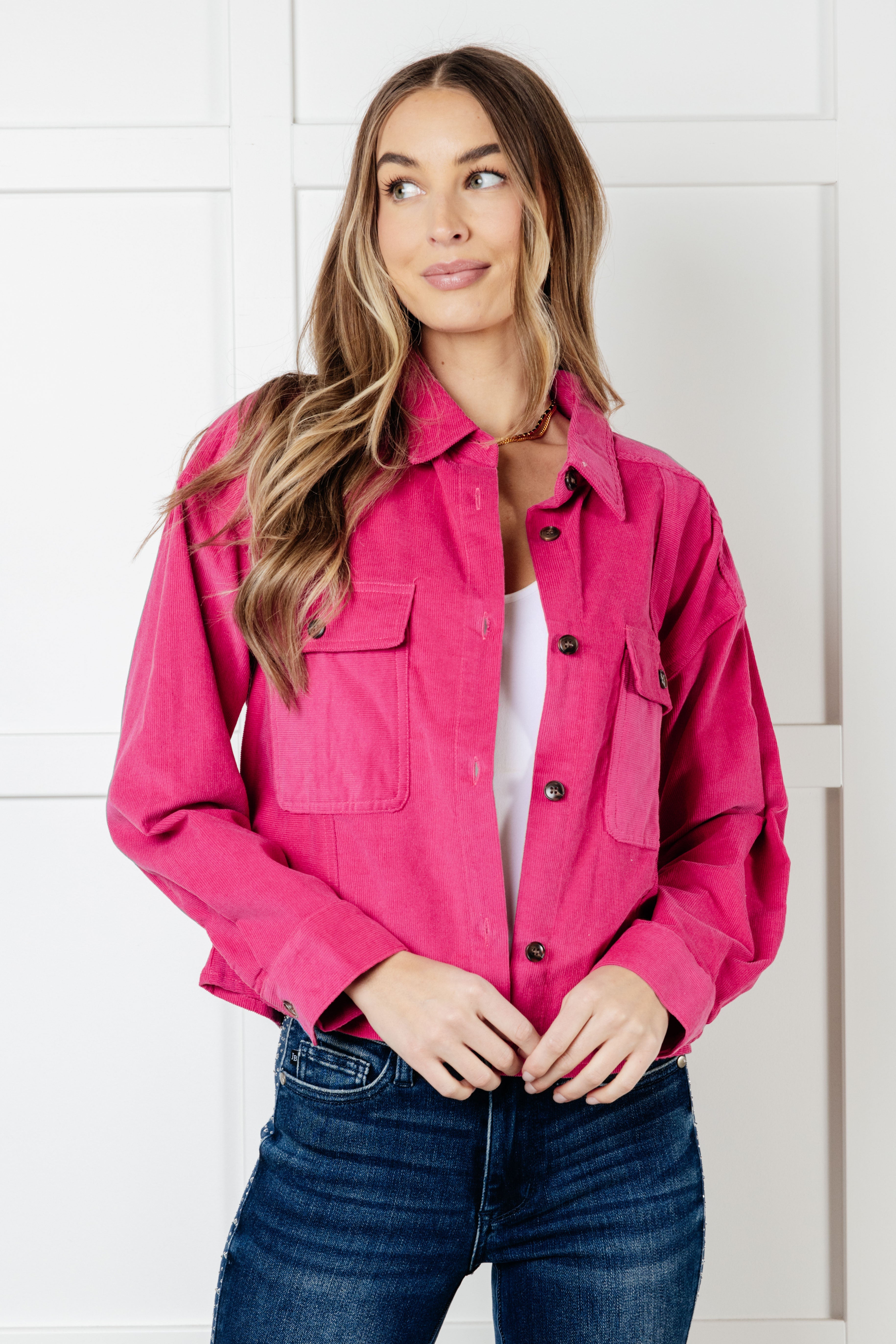 Jodifl Perfect Pop of Pink Corduroy Jacket Layers