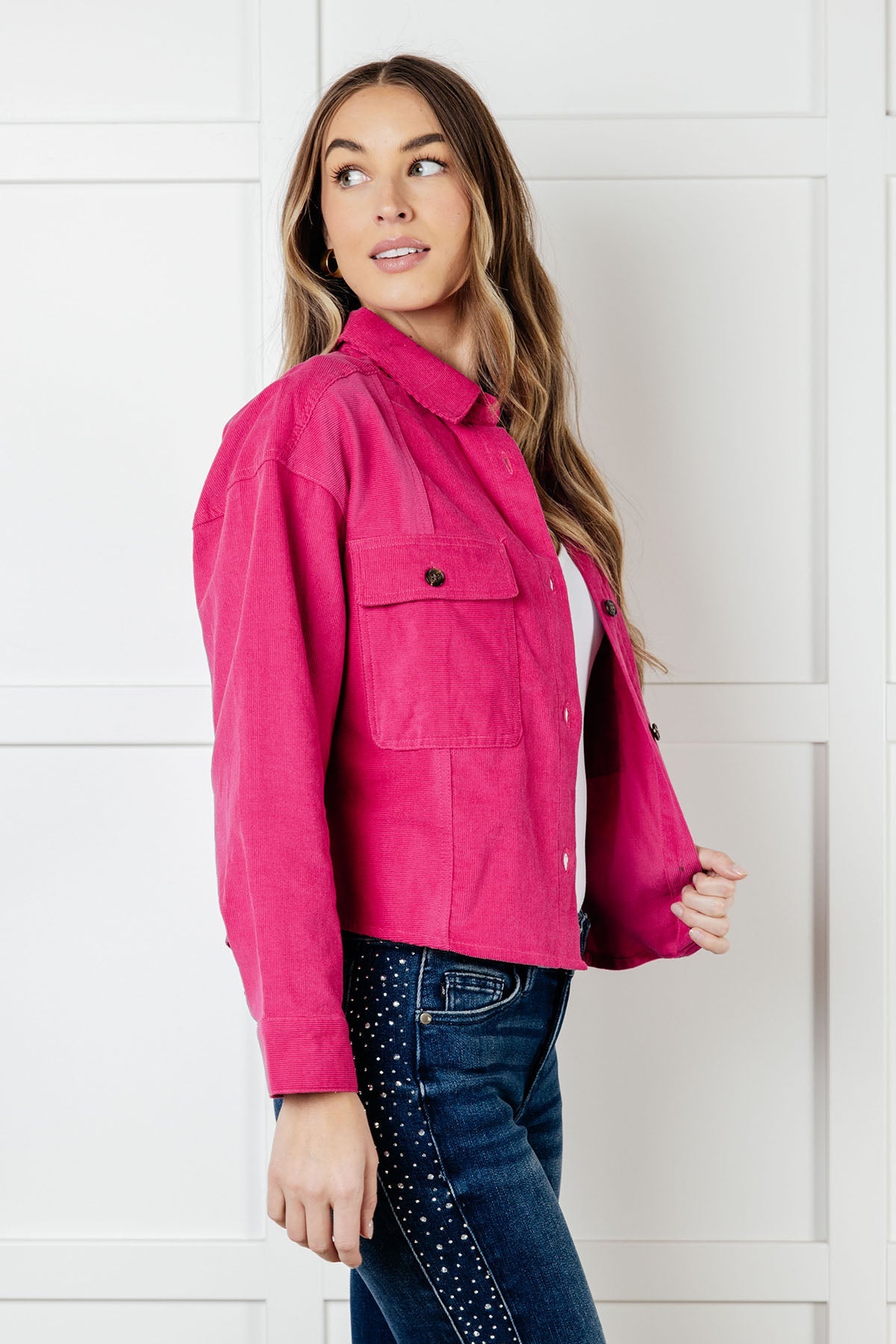 Jodifl Perfect Pop of Pink Corduroy Jacket Layers