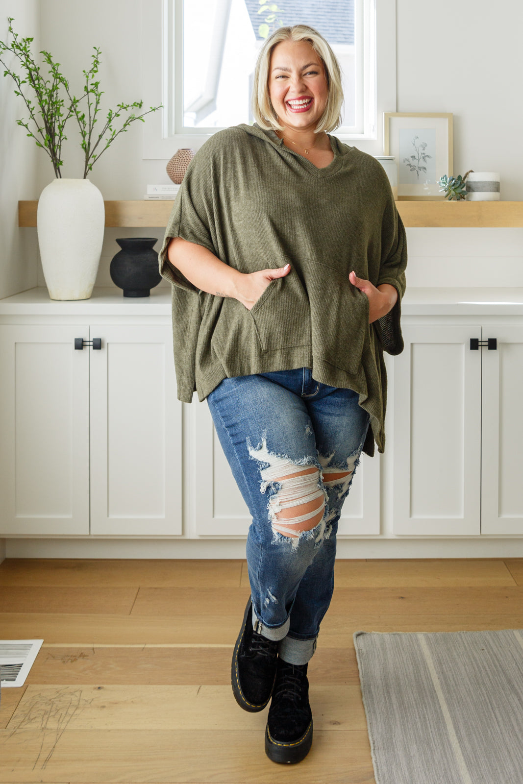 White Birch Perfectly Poised Hooded Poncho in Olive Layers