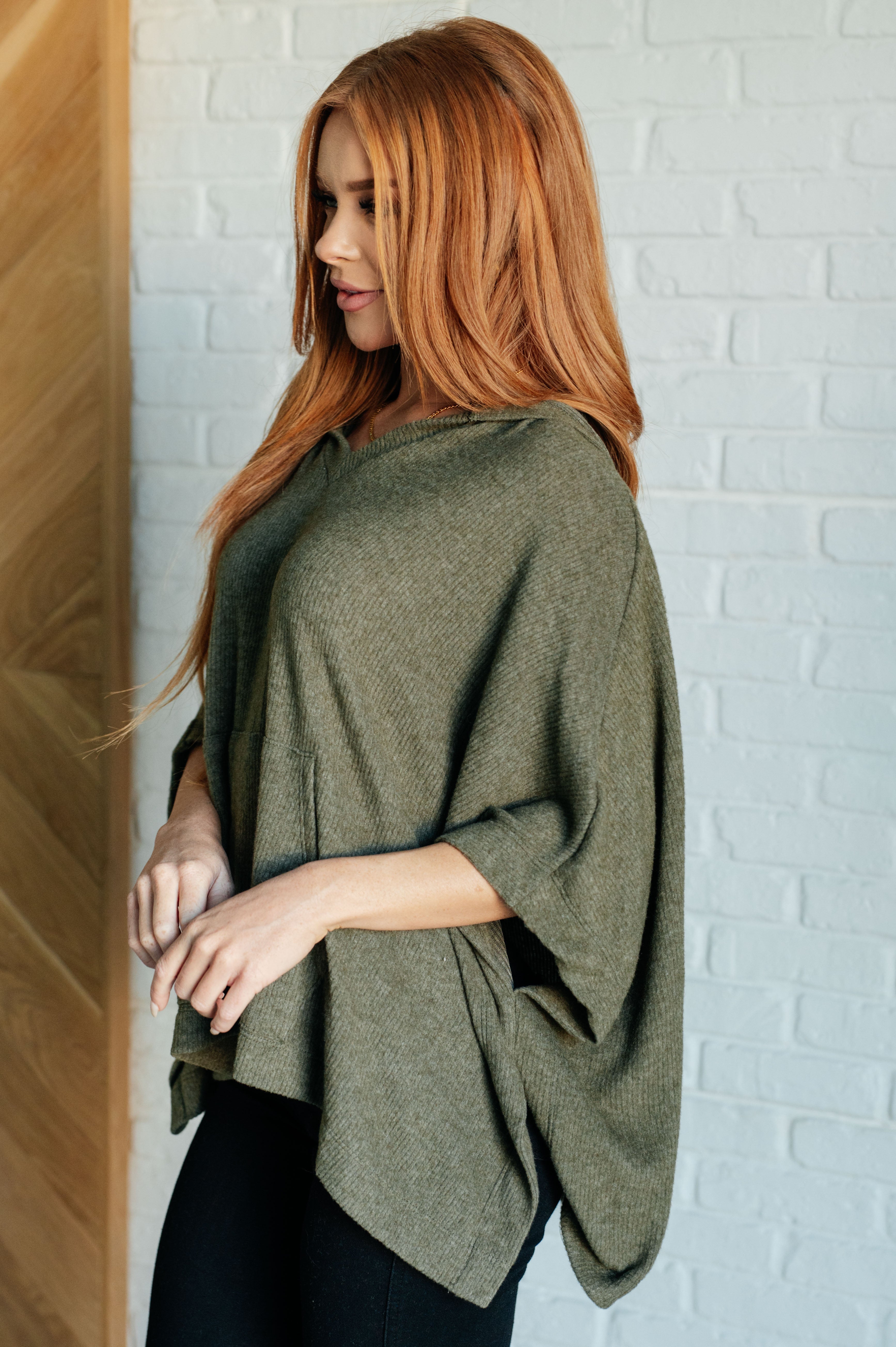 White Birch Perfectly Poised Hooded Poncho in Olive Layers