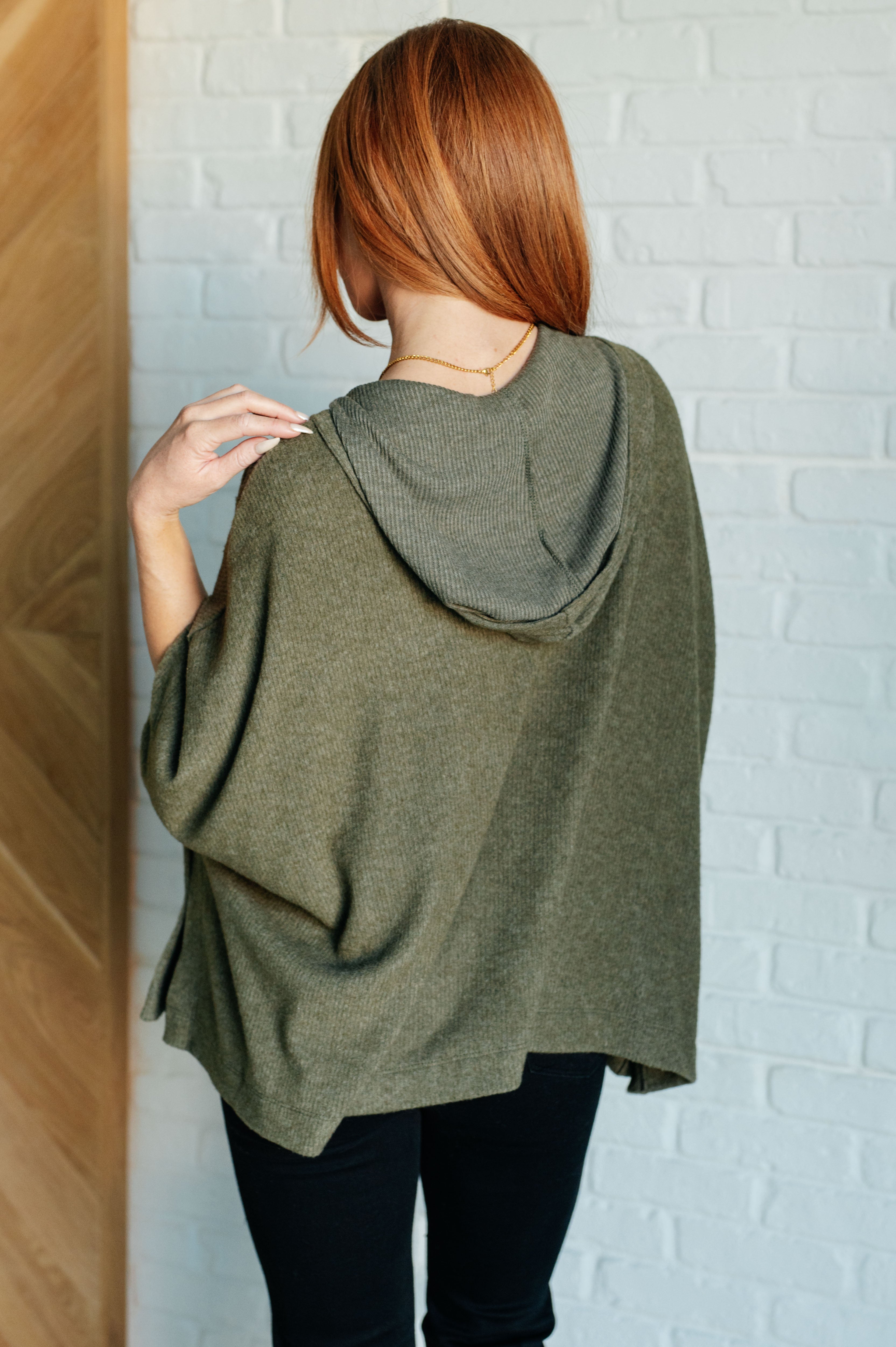 White Birch Perfectly Poised Hooded Poncho in Olive Layers