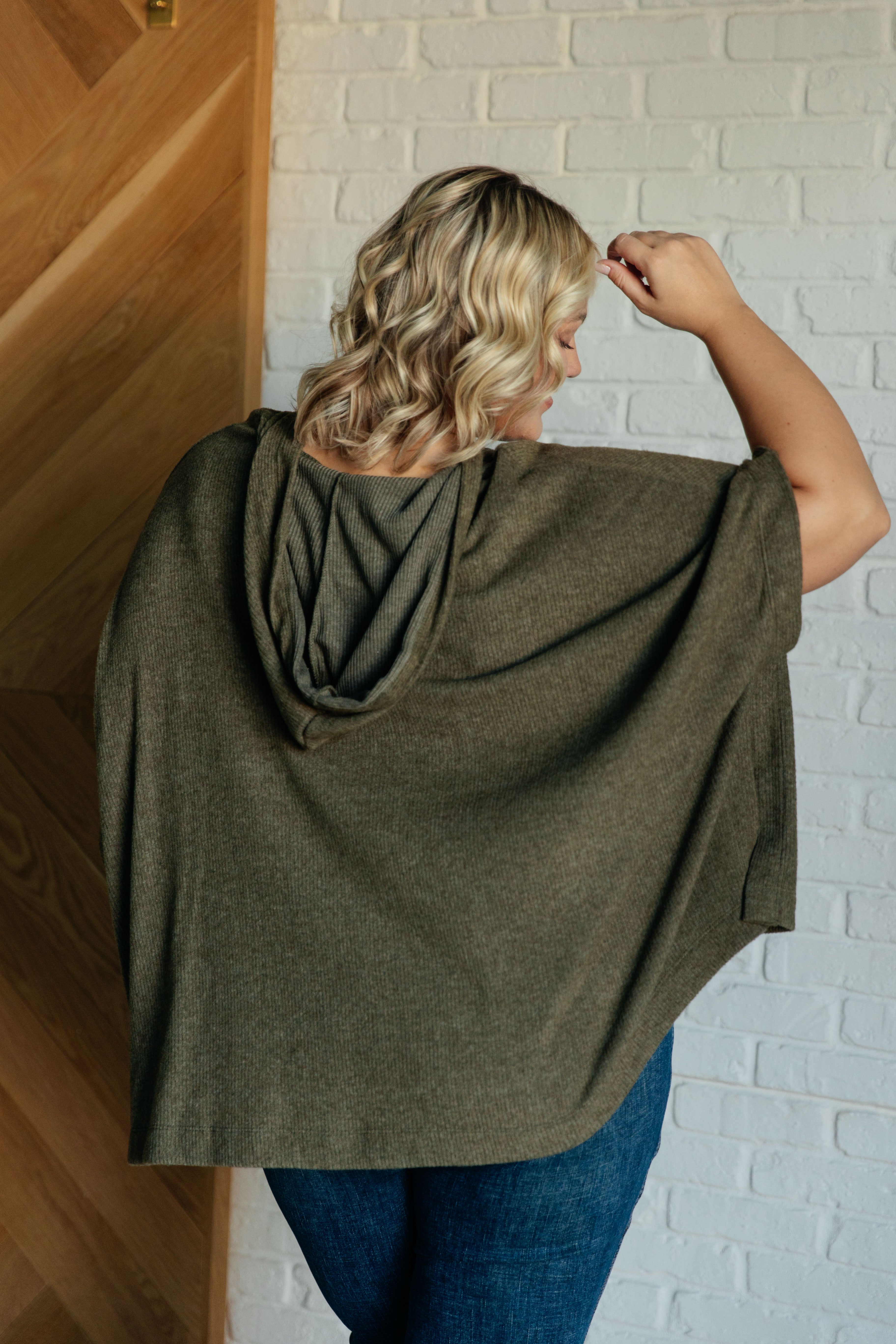 White Birch Perfectly Poised Hooded Poncho in Olive Layers