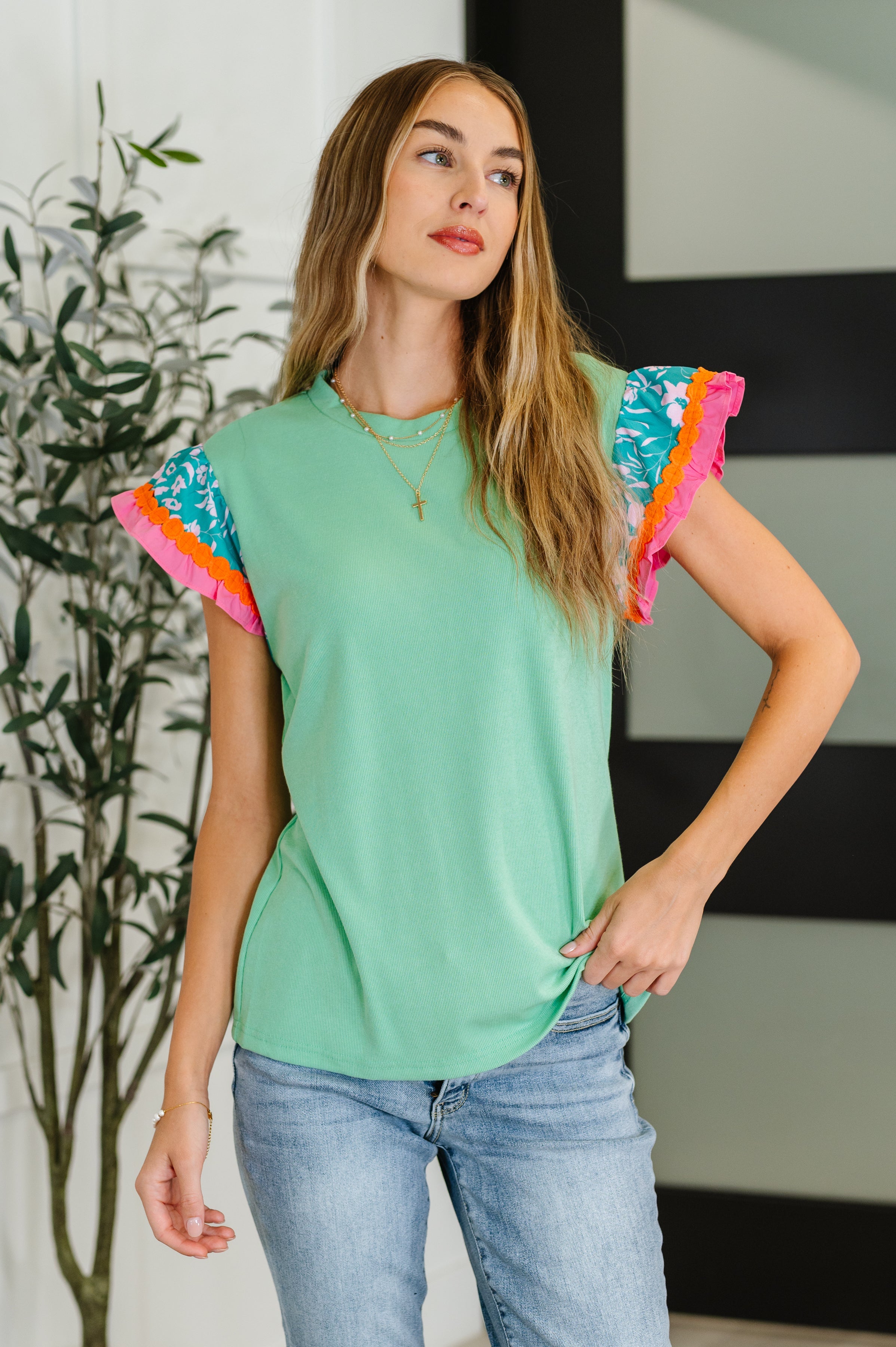 One Eleven North Petals & Poise Floral Flutter Sleeve Top in Green Womens