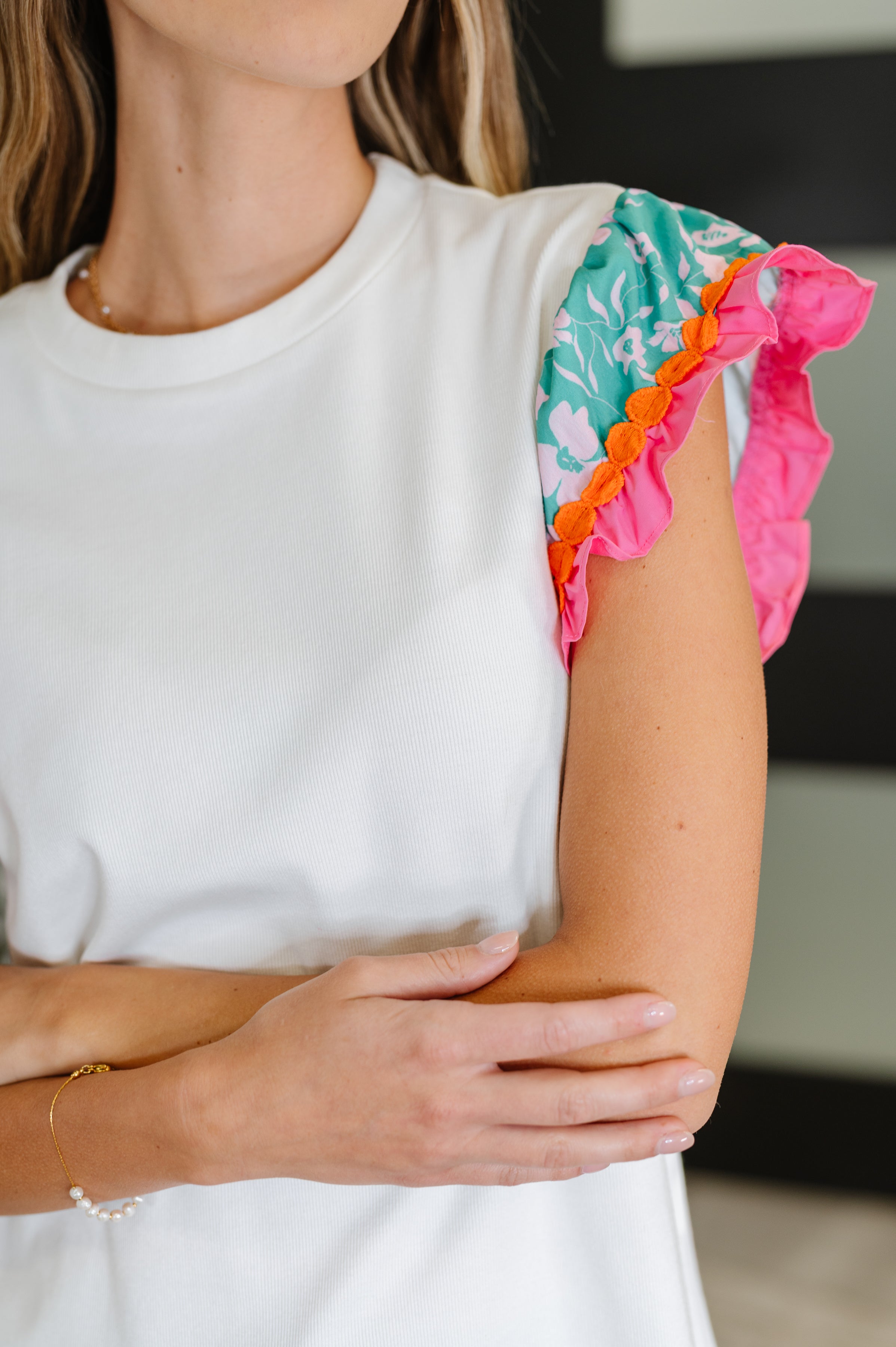 One Eleven North Petals & Poise Floral Flutter Sleeve Top in White Womens
