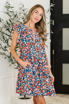 Haptics Petal Flutter Sleeve Dress in Navy/Coral Womens