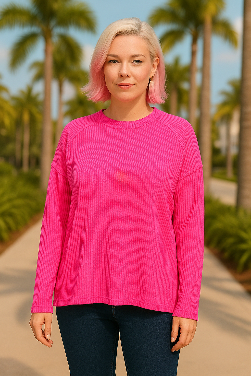 Zenana Hot Pink Exposed Seam Long Sleeve Corded Rib Knit Top HOT PINK