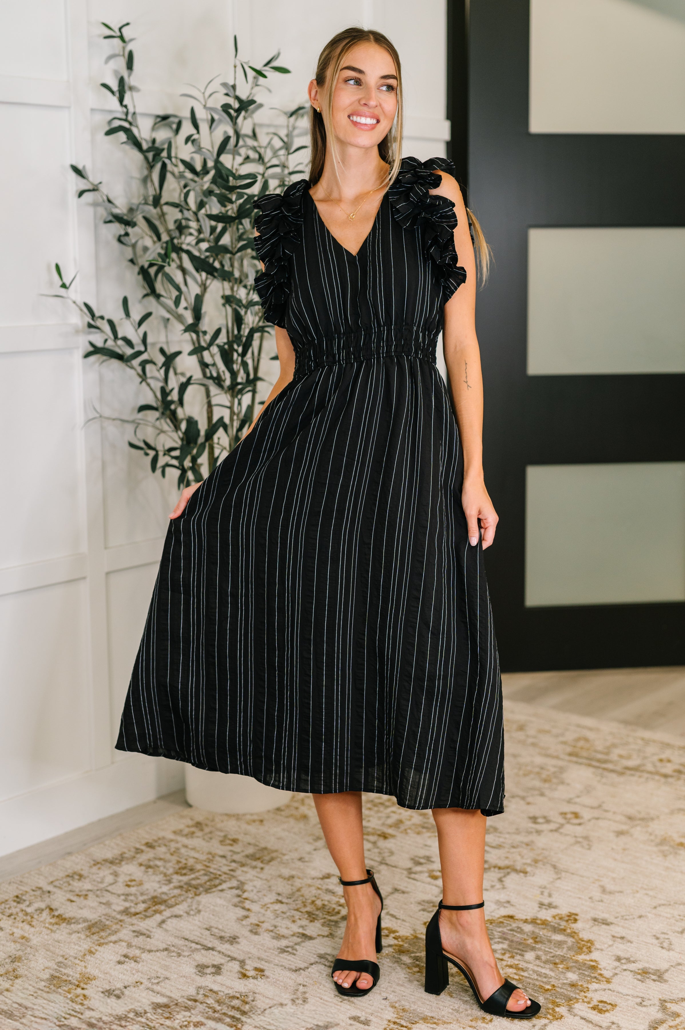 Jodifl Pinstripe Romance V-Neck Ruffle Sleeve Dress in Black Womens