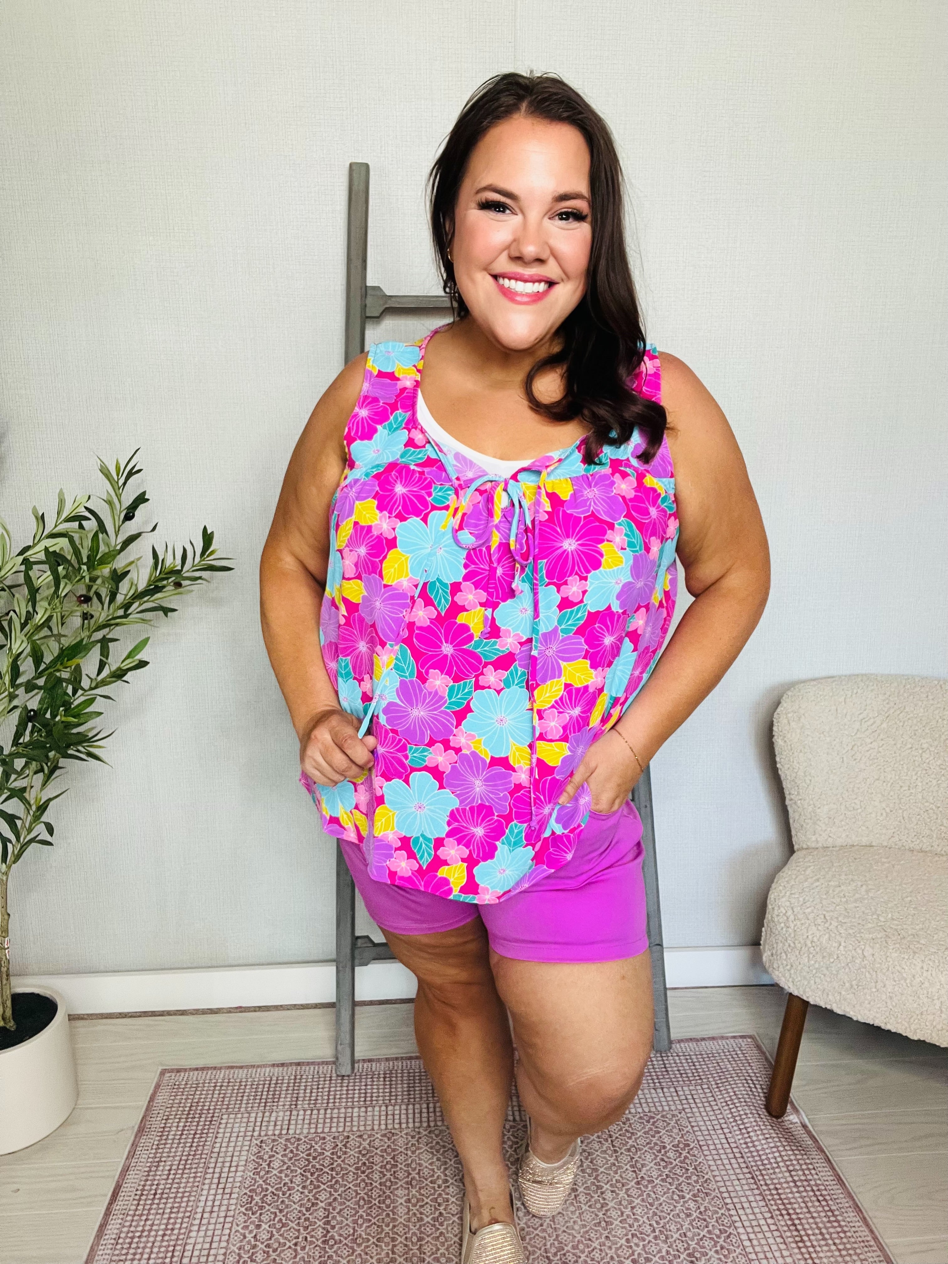 Haptics Fuchsia Square Neck Floral Bow Tie Top