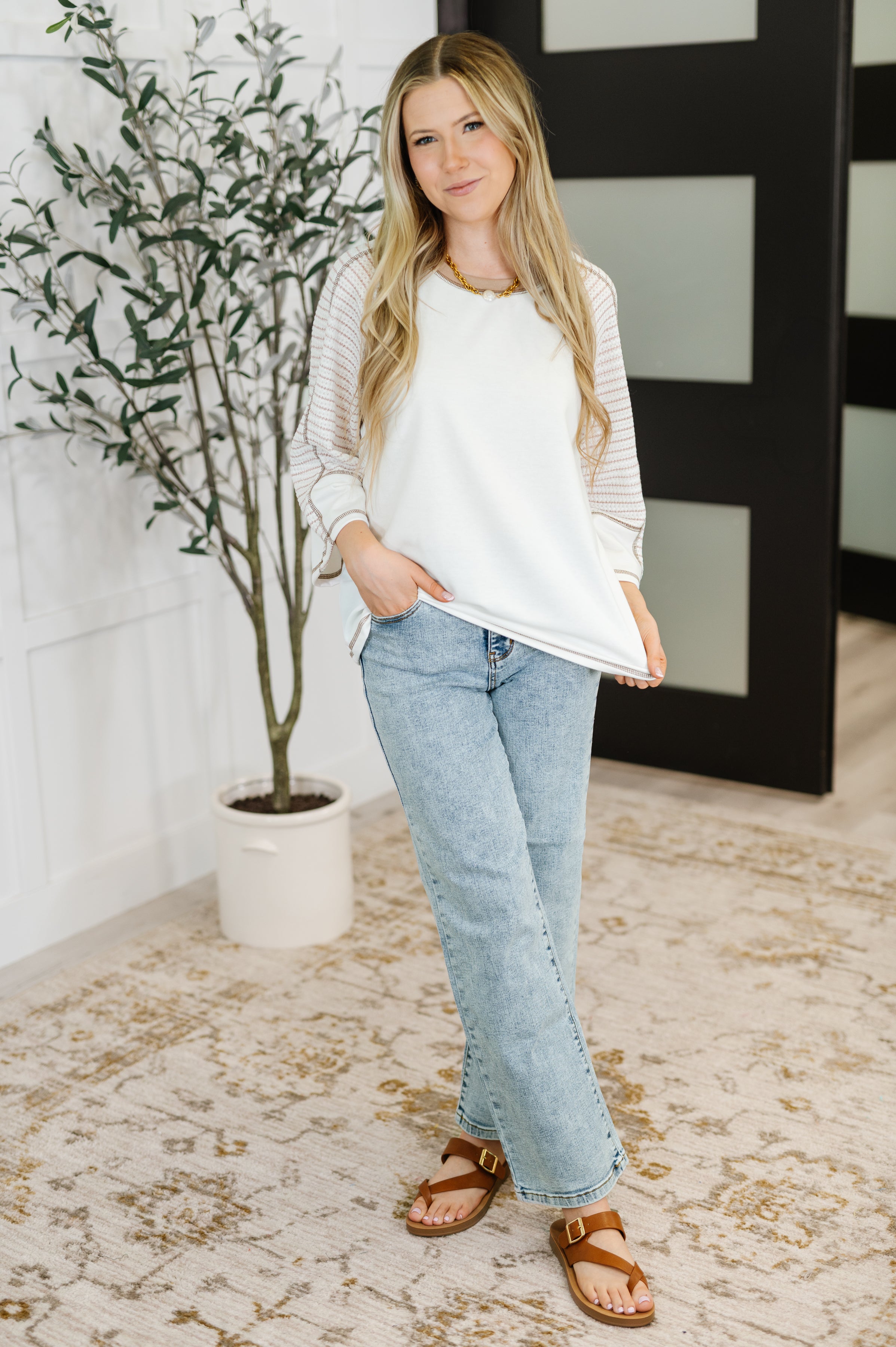 One Eleven North Preoccupied Striped Sleeve Top in Tan Womens