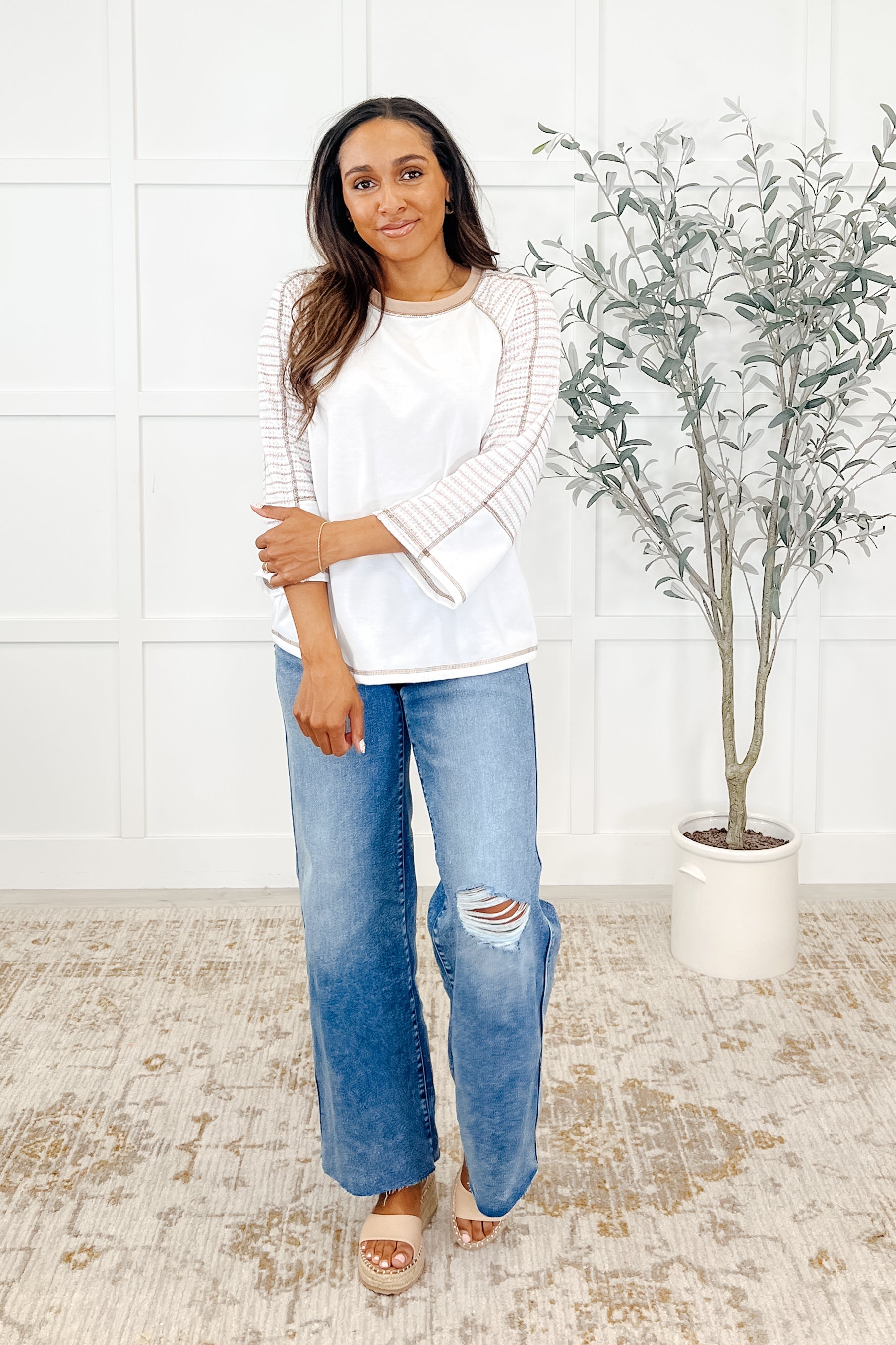 One Eleven North Preoccupied Striped Sleeve Top in Tan Womens