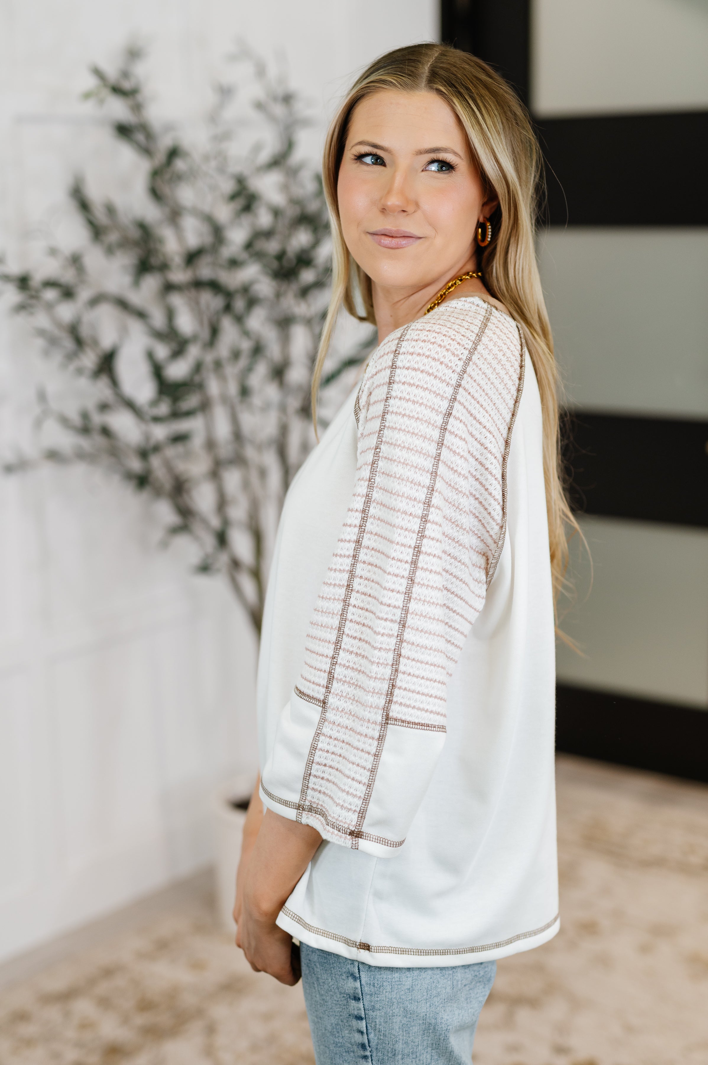 One Eleven North Preoccupied Striped Sleeve Top in Tan Womens