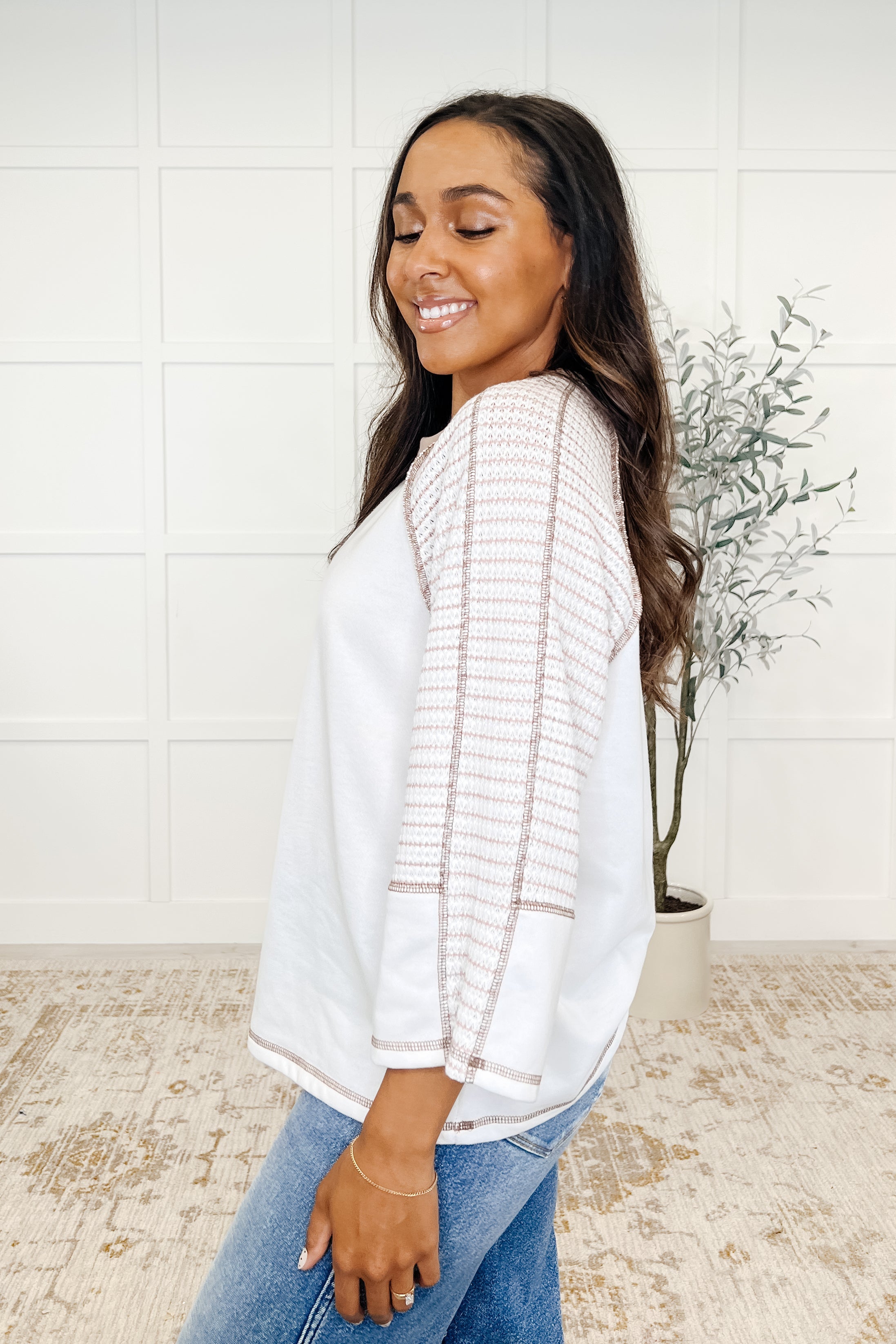 One Eleven North Preoccupied Striped Sleeve Top in Tan Womens