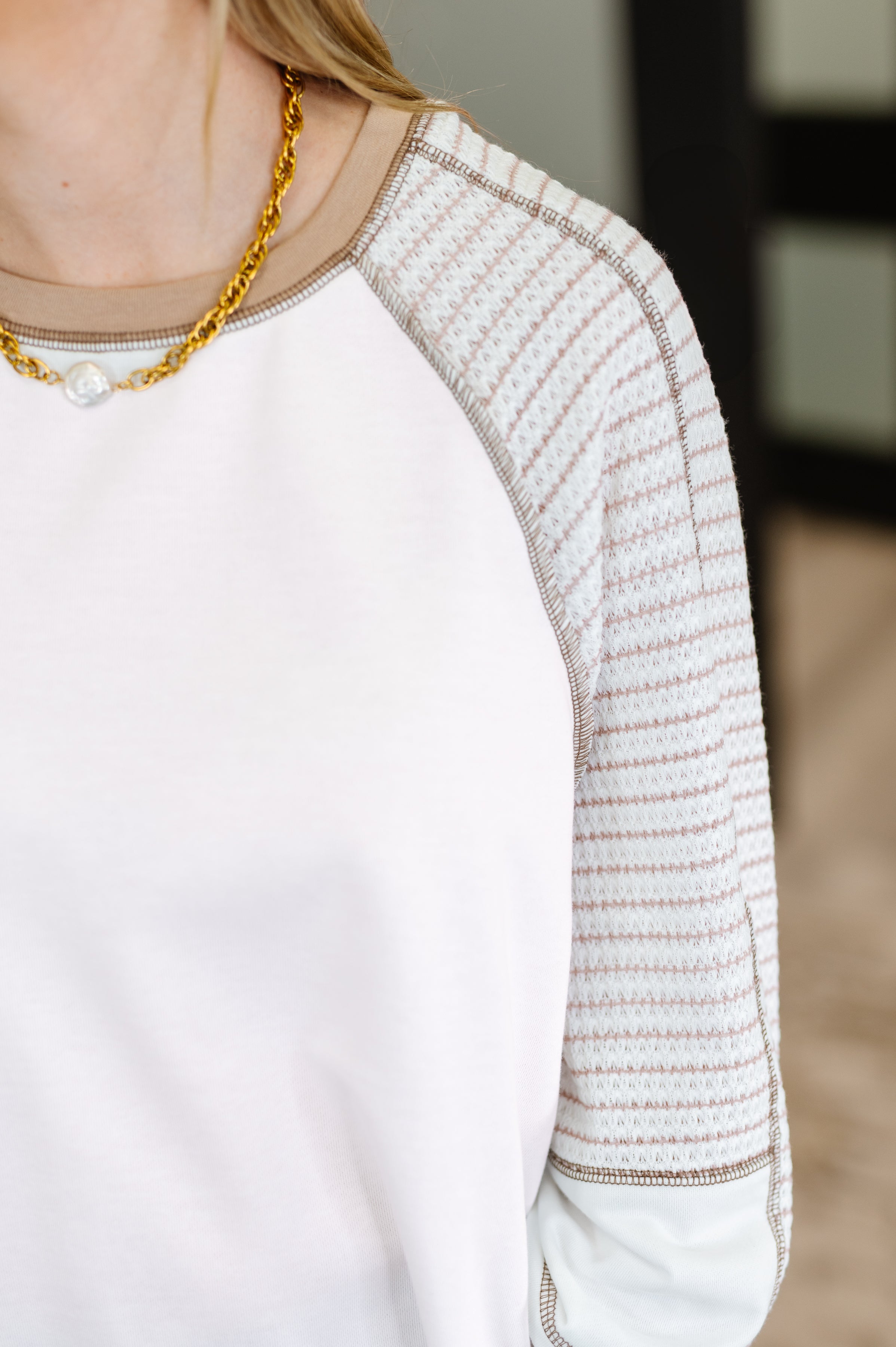 One Eleven North Preoccupied Striped Sleeve Top in Tan Womens