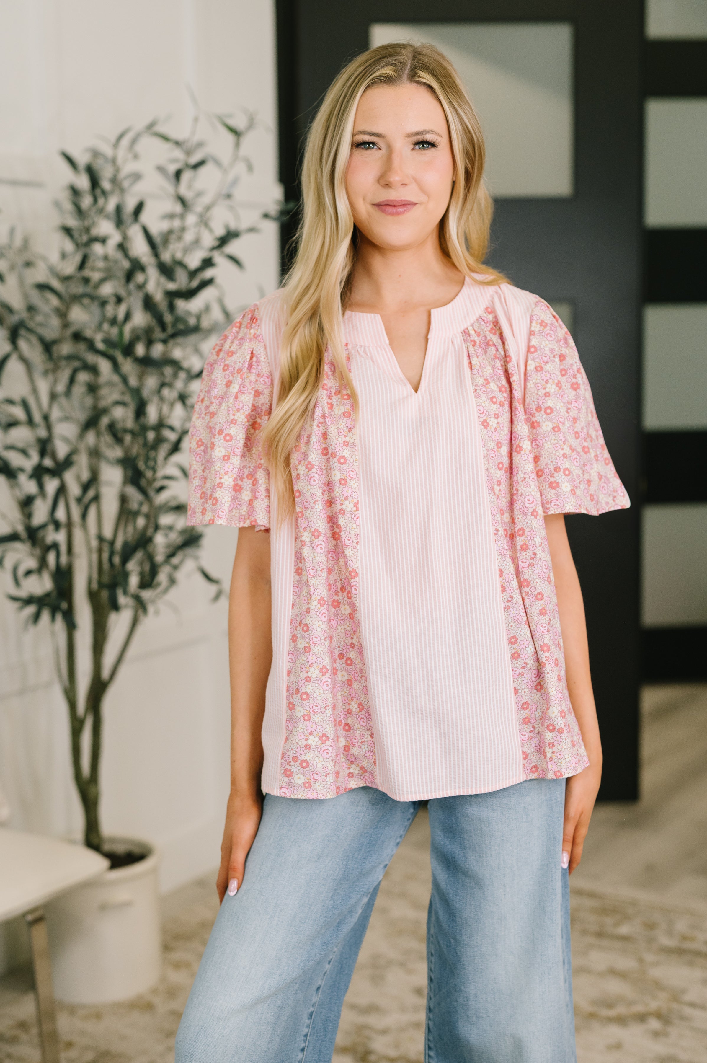 Pretty Prime Bell Sleeve Color Block Blouse Womens