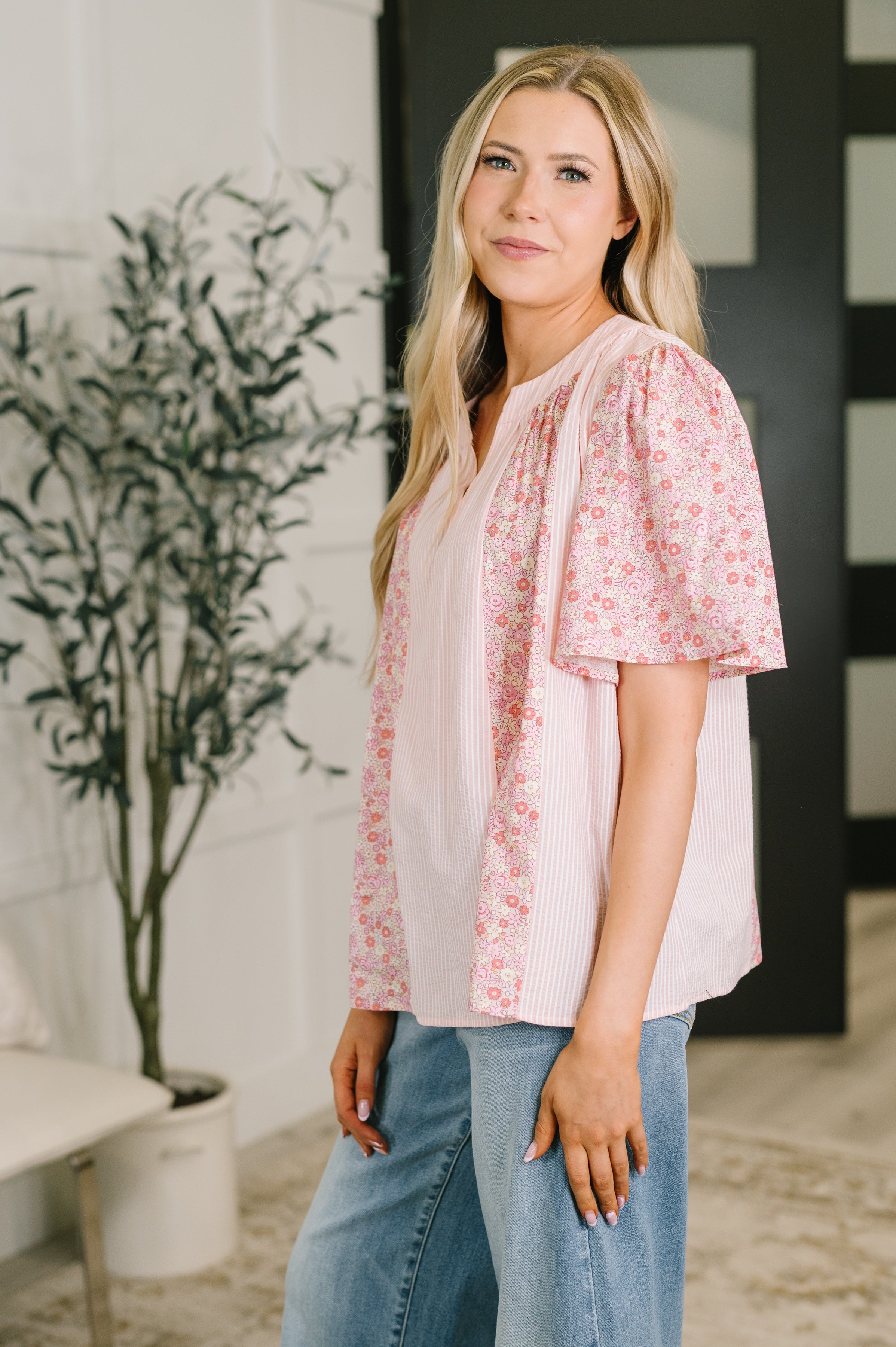 Pretty Prime Bell Sleeve Color Block Blouse Womens