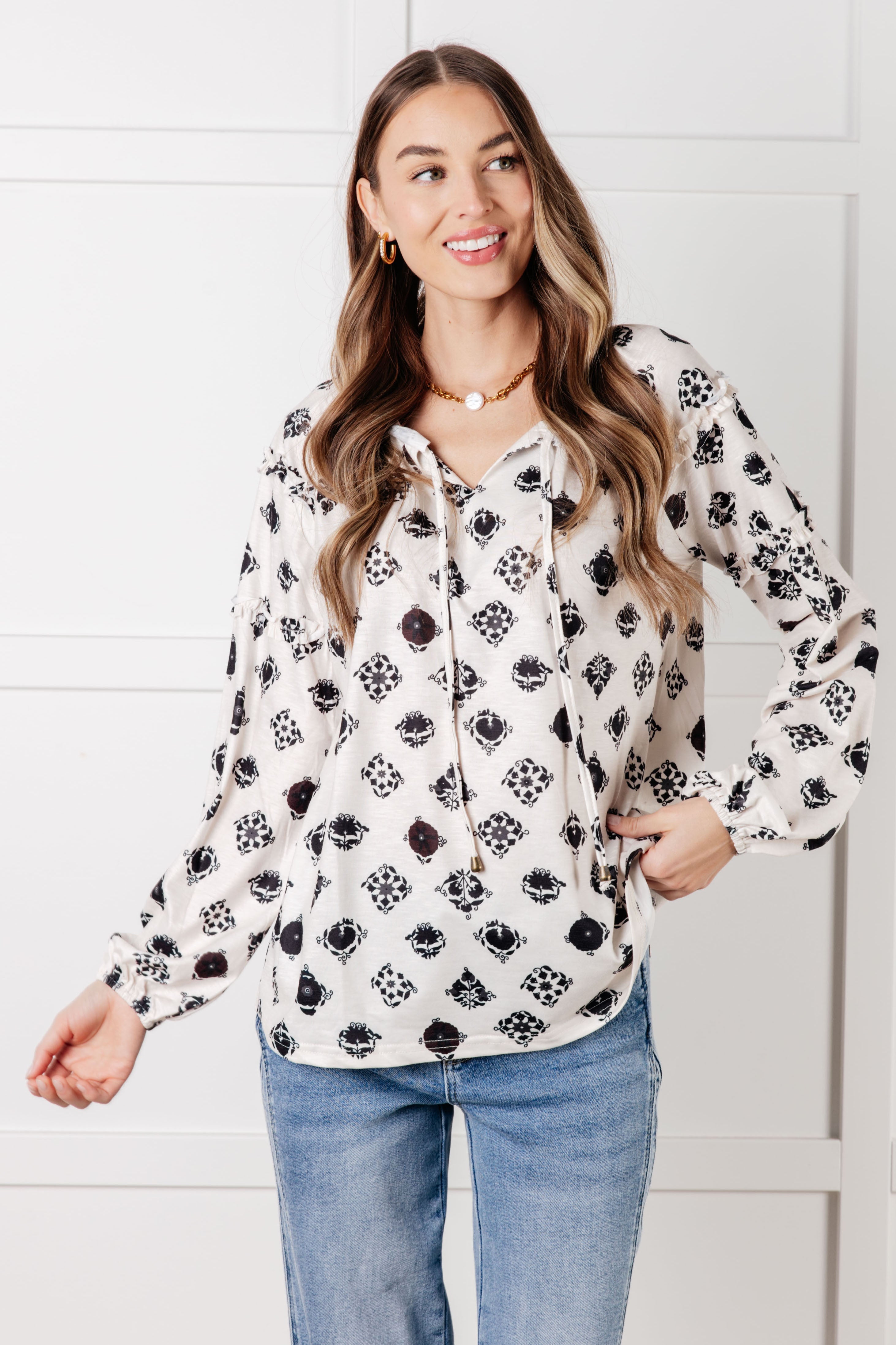 One Eleven North Quick Follow Up Floral Tile Blouse Blouses