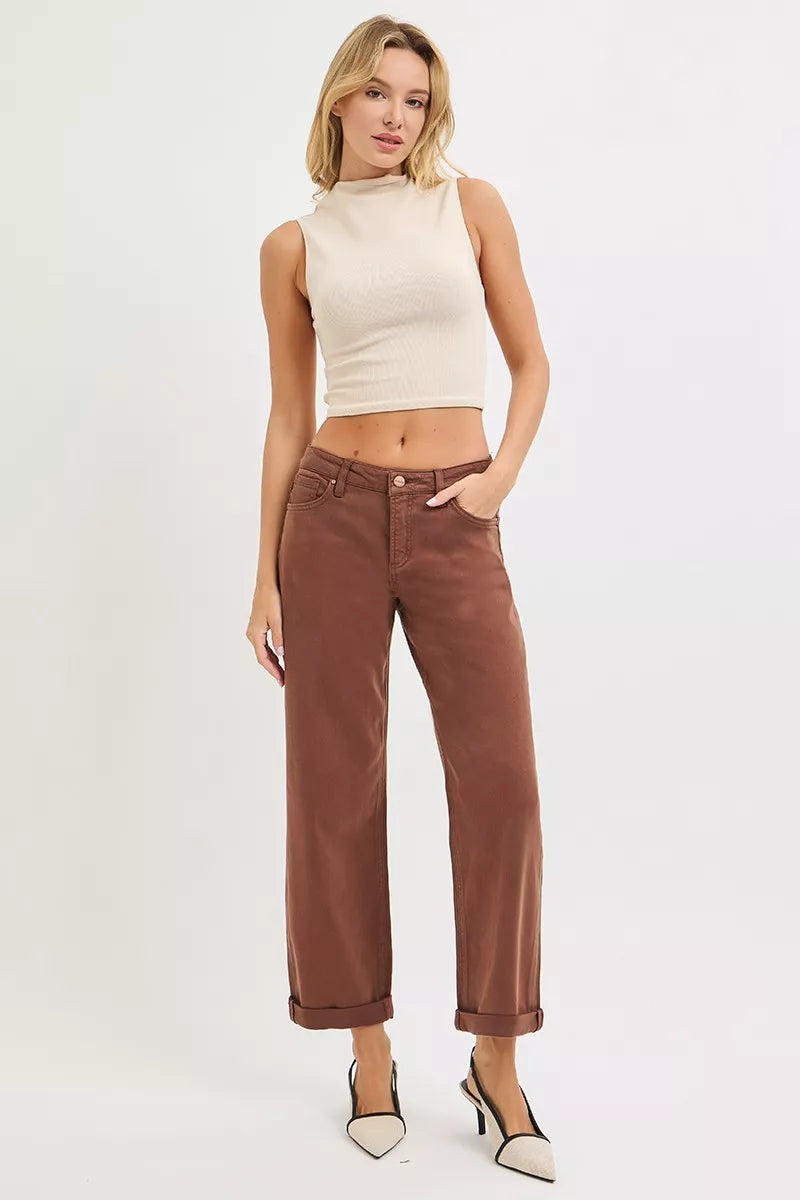RISEN Cocoa Tummy Control Mid Rise Ankle Barrel Baggy Jeans