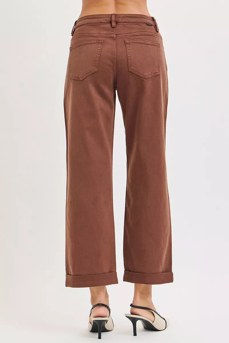RISEN Cocoa Tummy Control Mid Rise Ankle Barrel Baggy Jeans