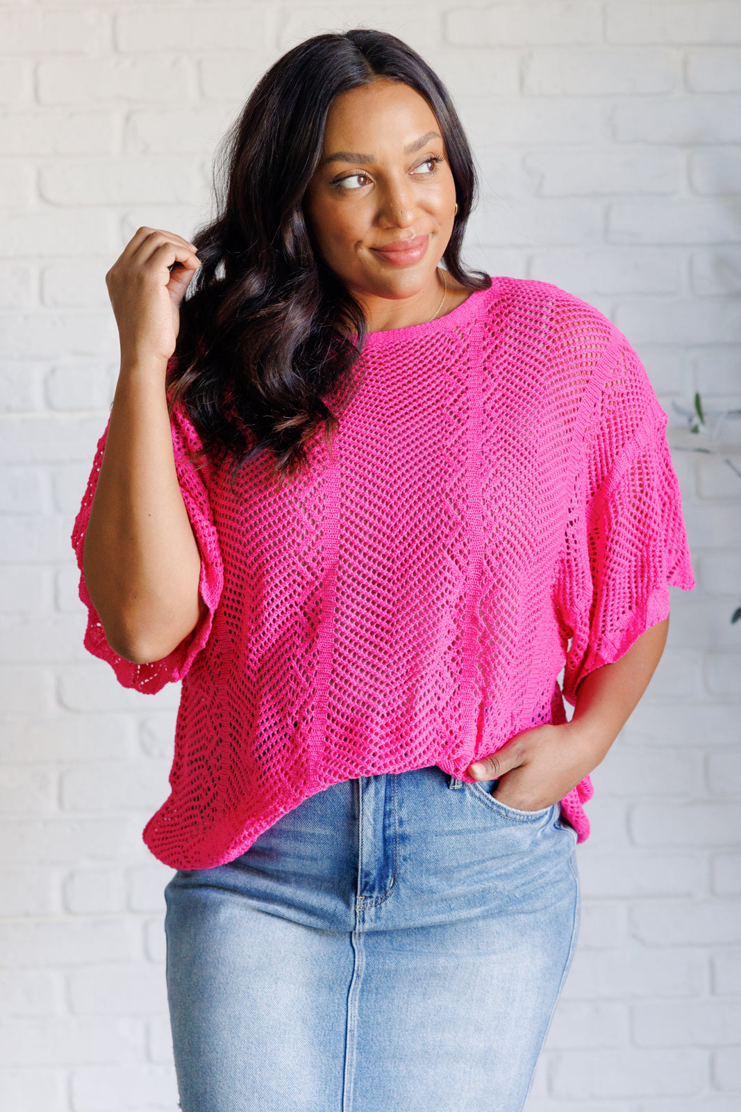 One Eleven North Rather Eventful Open Knit Hot Pink Top Tops