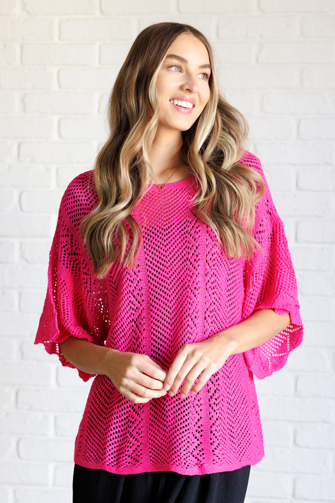 One Eleven North Rather Eventful Open Knit Hot Pink Top Tops