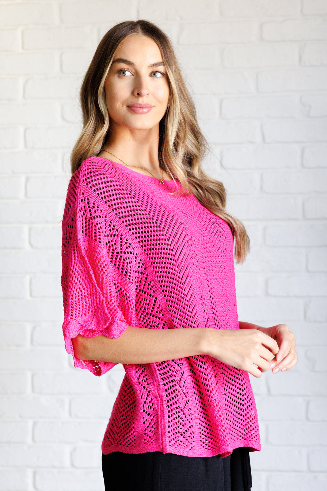 One Eleven North Rather Eventful Open Knit Hot Pink Top Tops