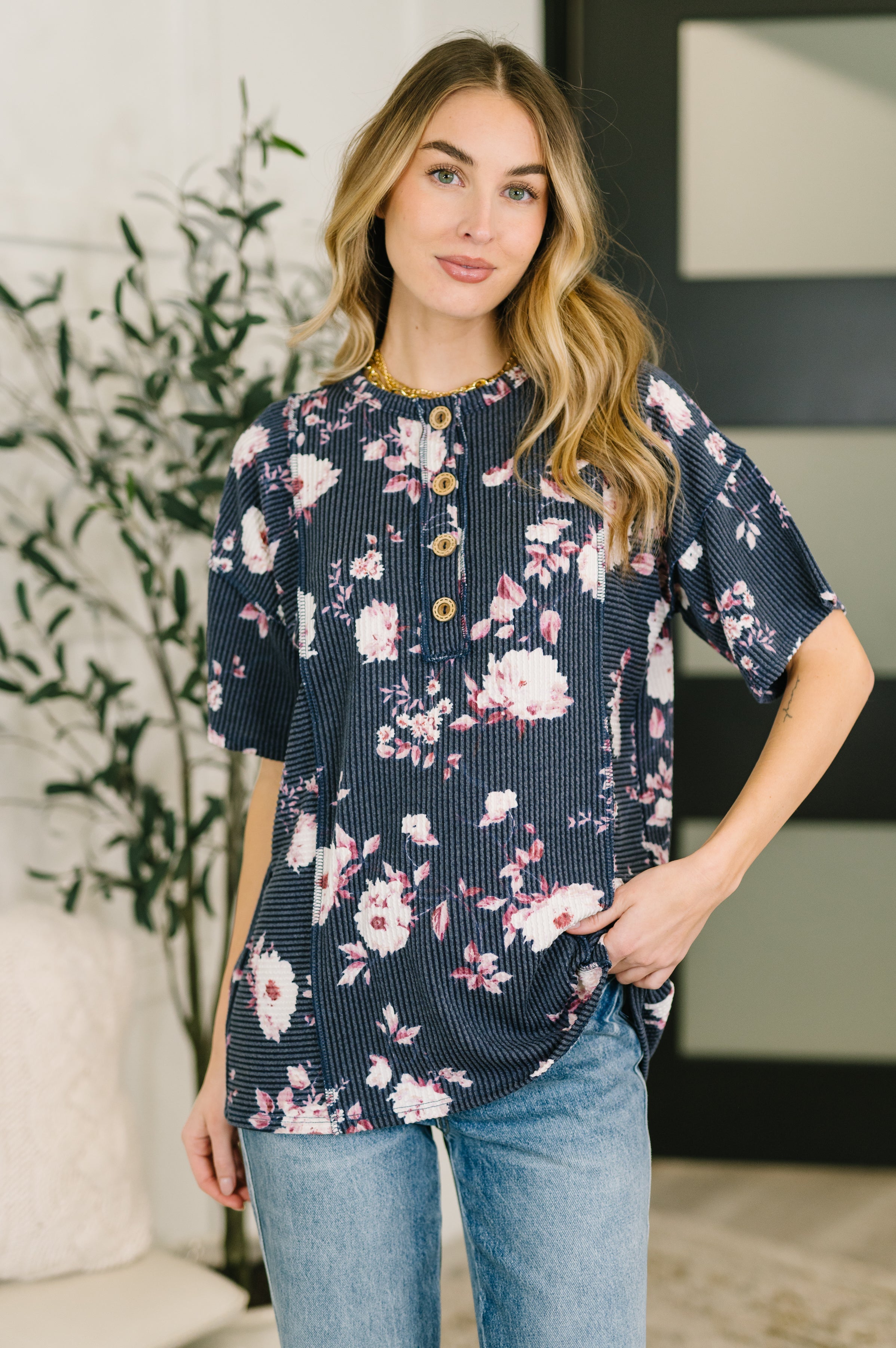 Heimish Really Simple Floral Henley Top Womens