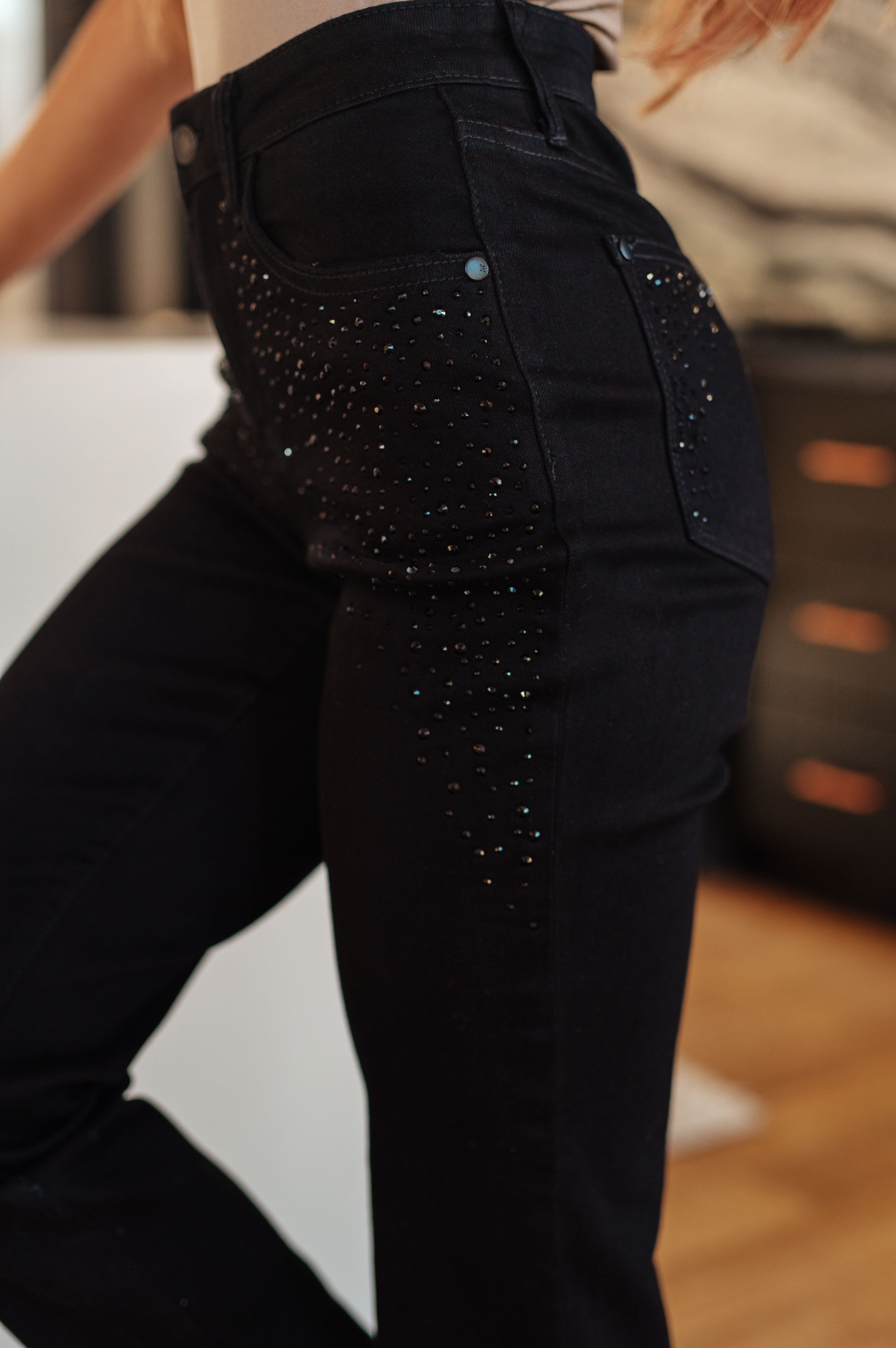 Judy Blue Reese Rhinestone Slim Fit Jeans in Black Womens