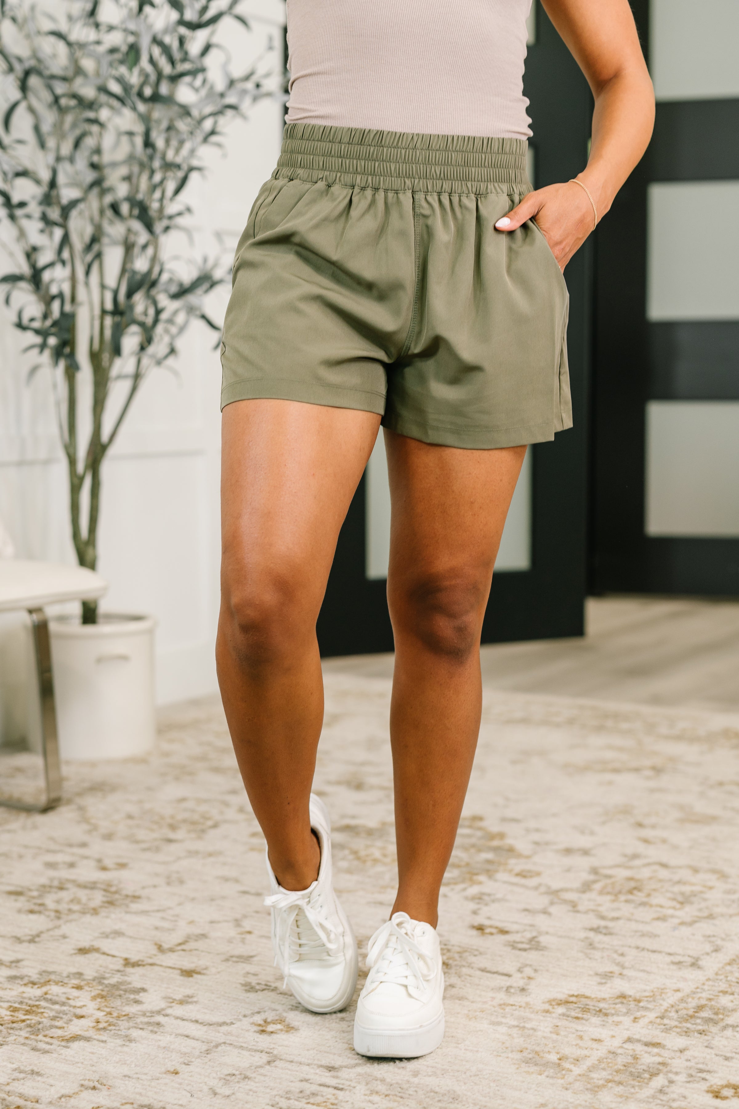 Rile Me Up High Waisted Shorts in Dusty Olive Womens