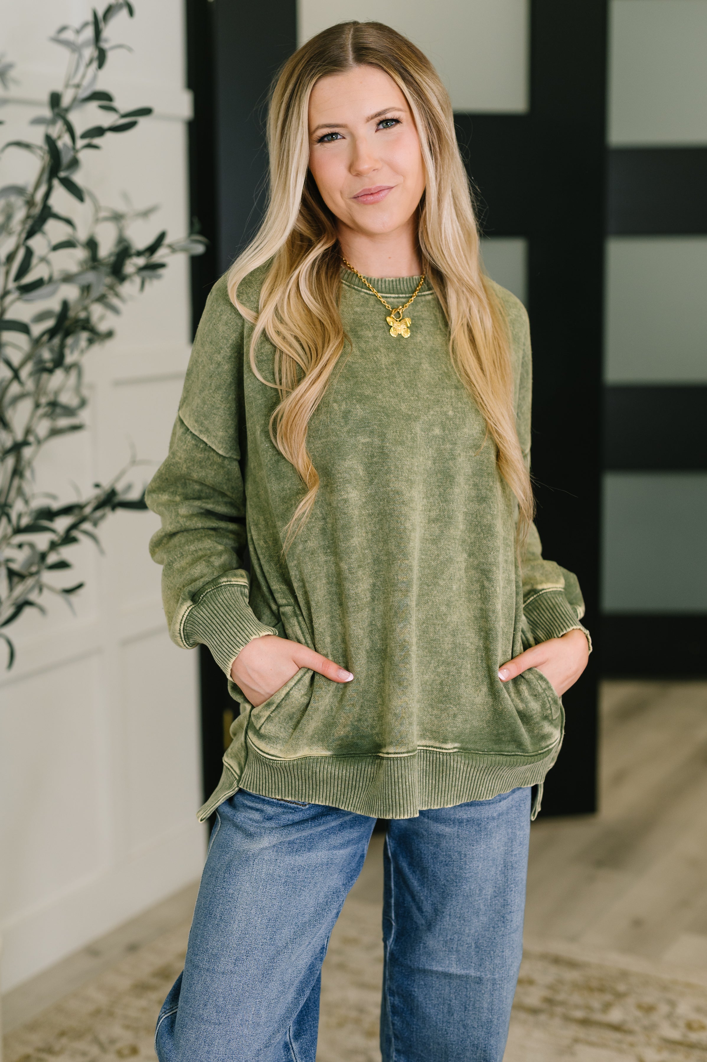 Zenana Mineral Wash Pullover in Light Olive Womens