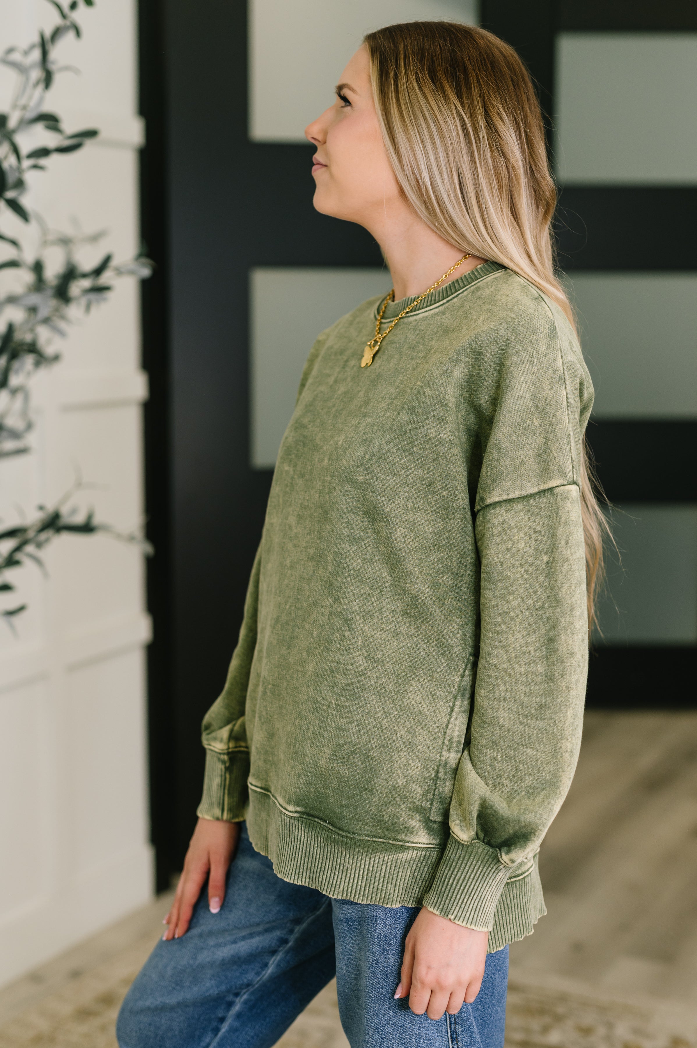 Zenana Mineral Wash Pullover in Light Olive Womens