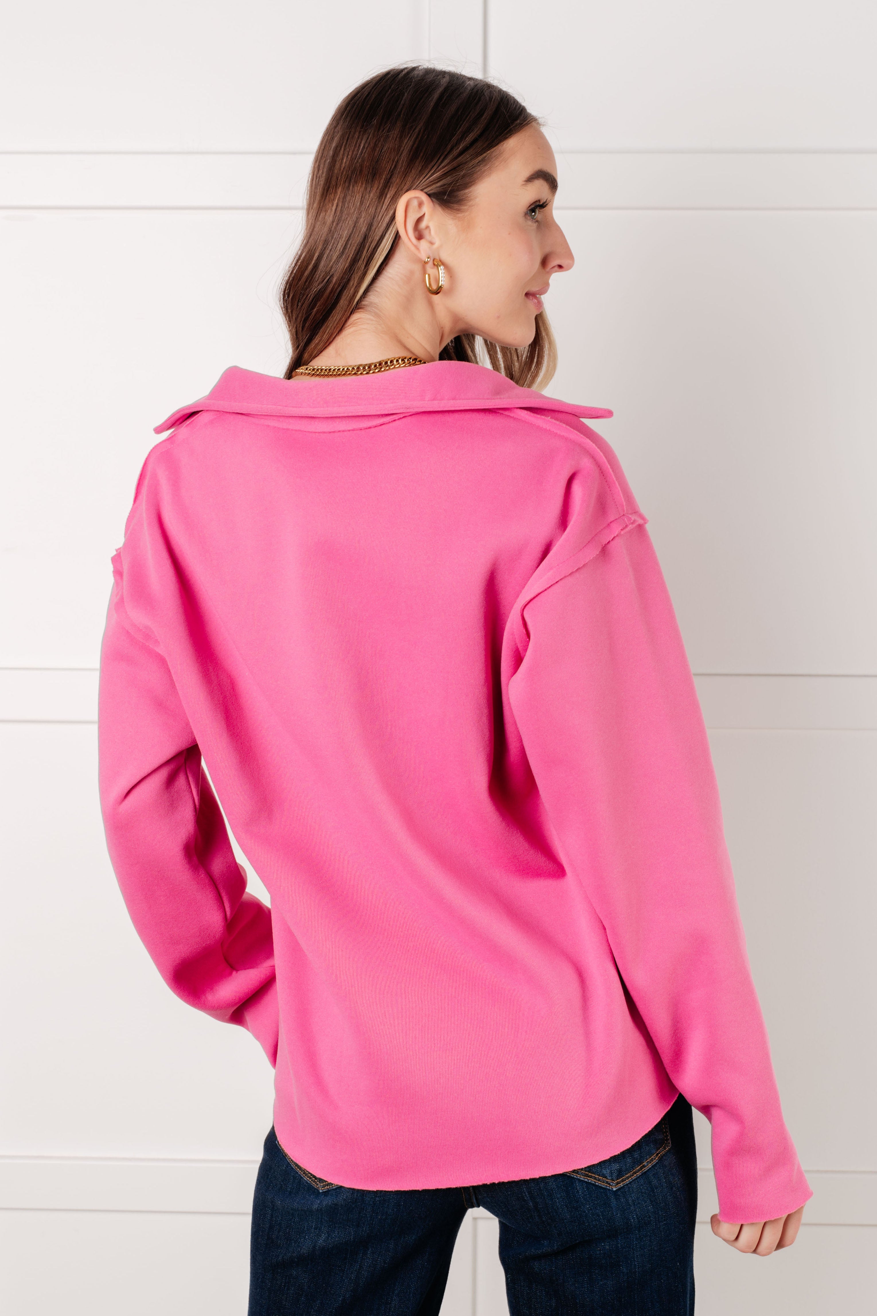 White Birch Same Ol' Situation Collared Fleece Lined Pullover in Hot Pink Tops