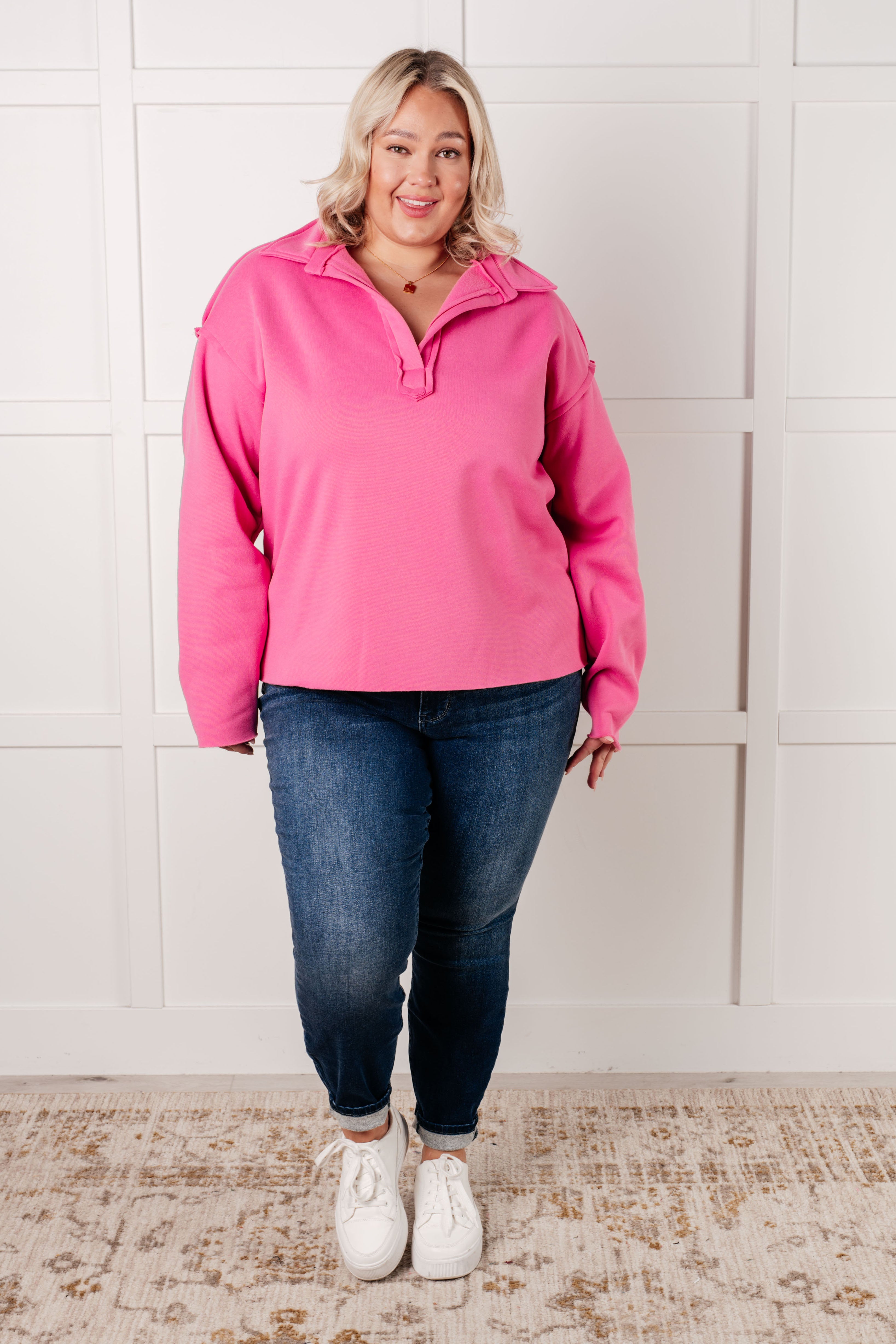 White Birch Same Ol' Situation Collared Fleece Lined Pullover in Hot Pink Tops