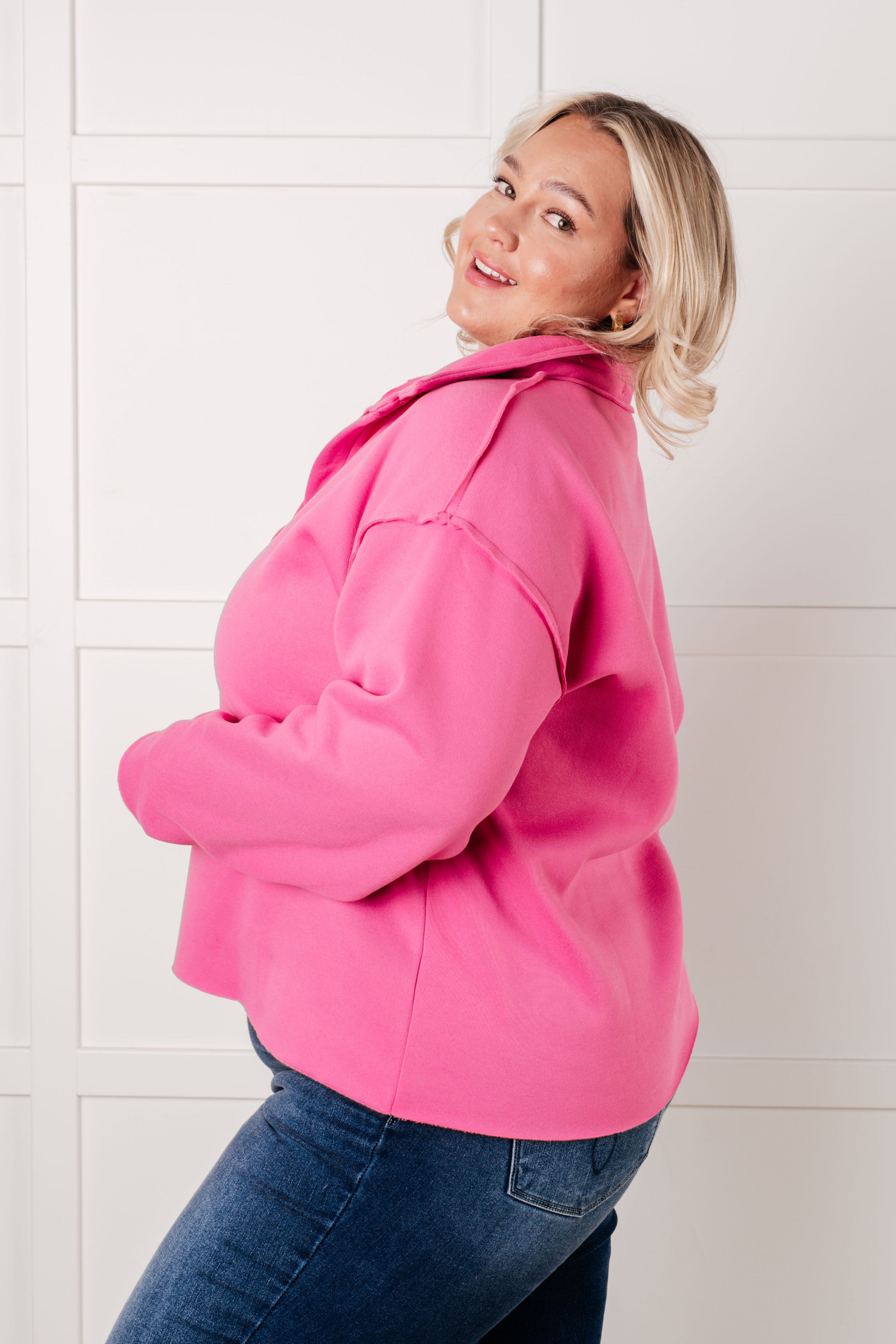 White Birch Same Ol' Situation Collared Fleece Lined Pullover in Hot Pink Tops