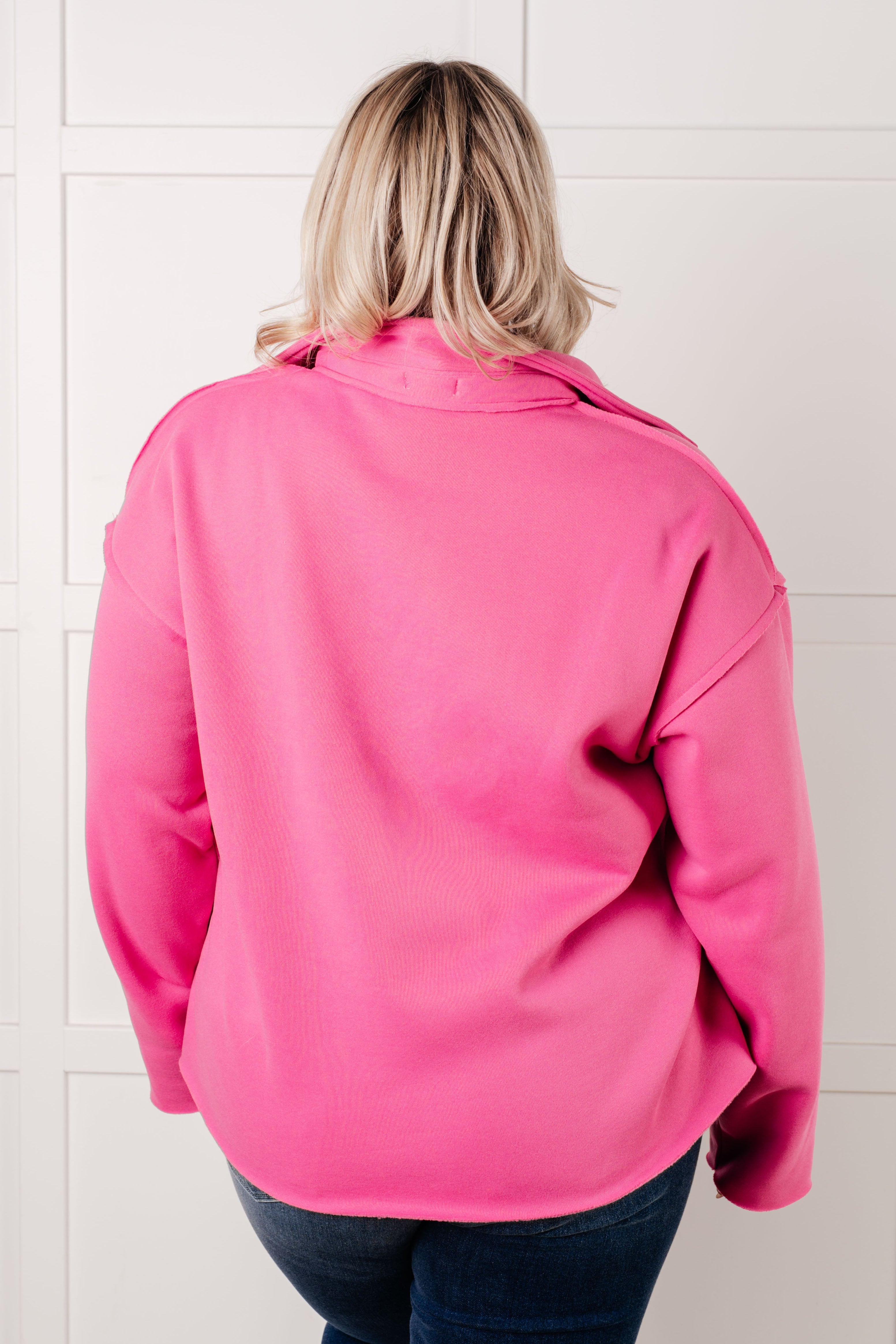 White Birch Same Ol' Situation Collared Fleece Lined Pullover in Hot Pink Tops
