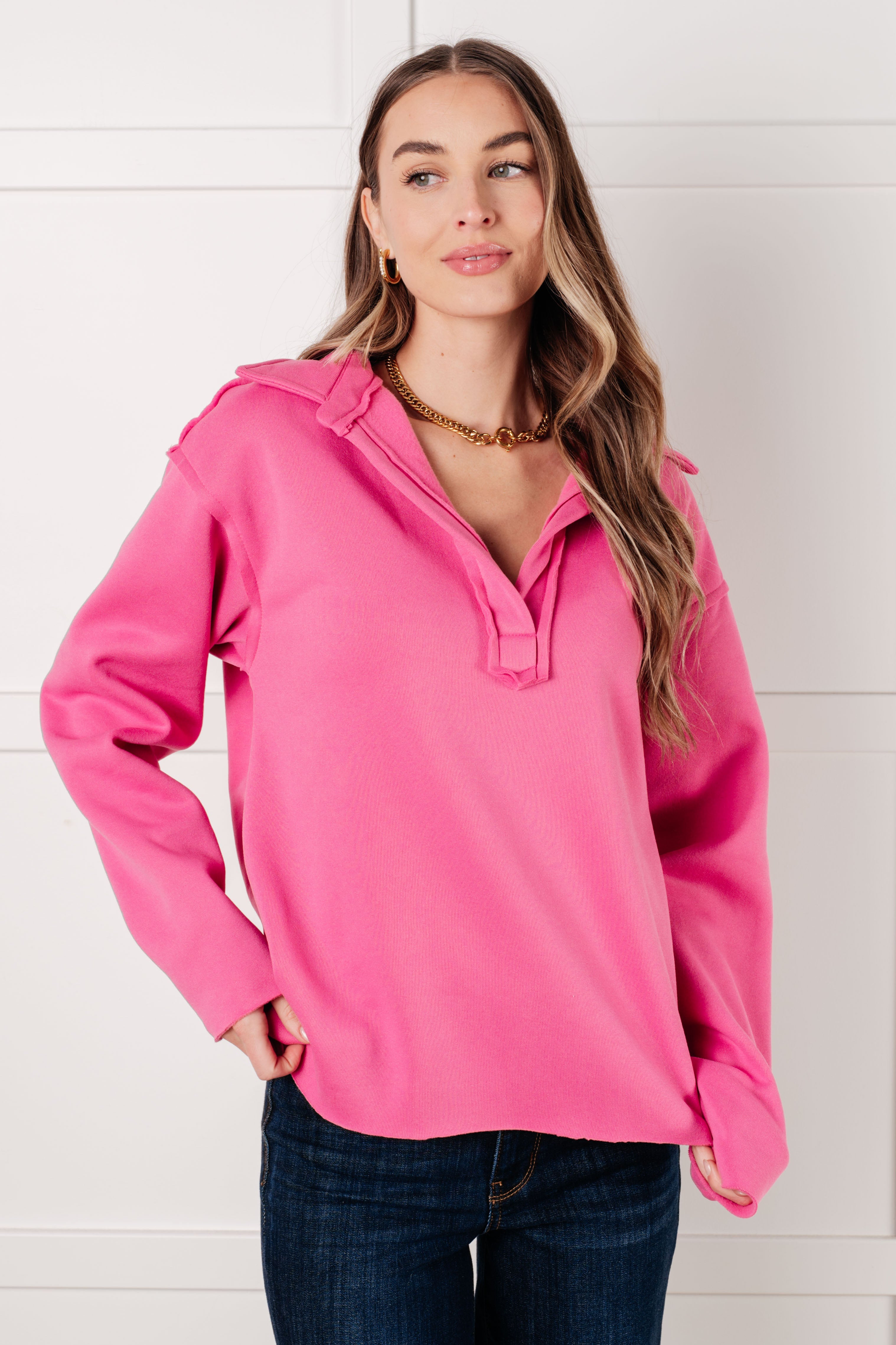 White Birch Same Ol' Situation Collared Fleece Lined Pullover in Hot Pink Tops