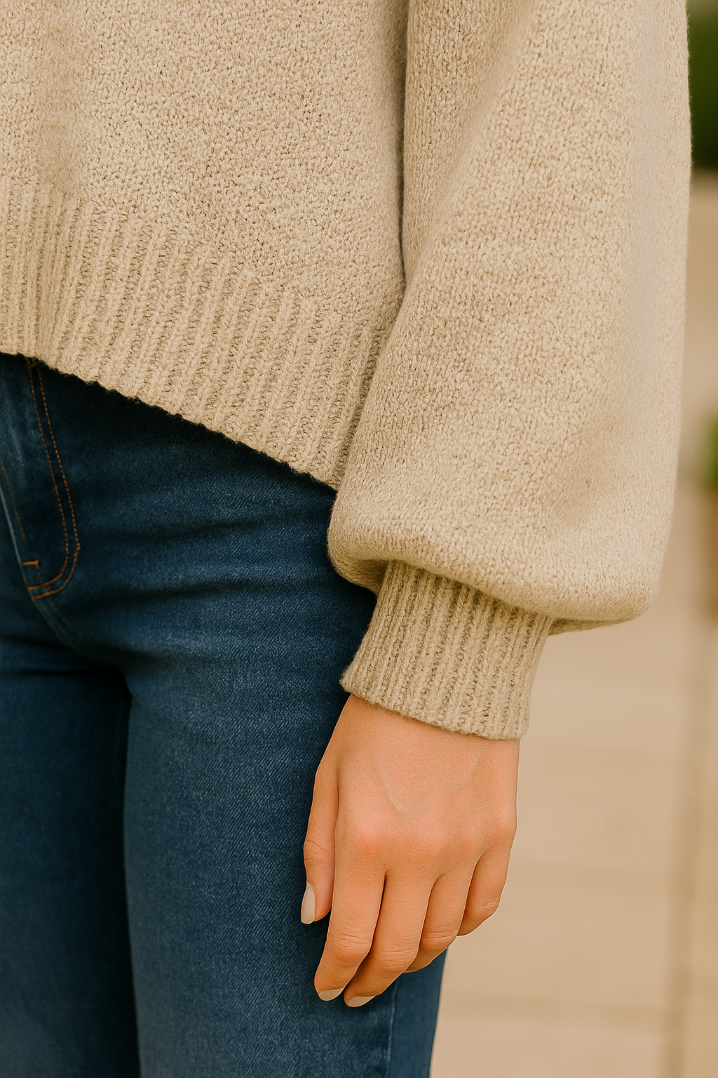 Zenana Sand Beige Oversized Balloon Sleeve Sweater