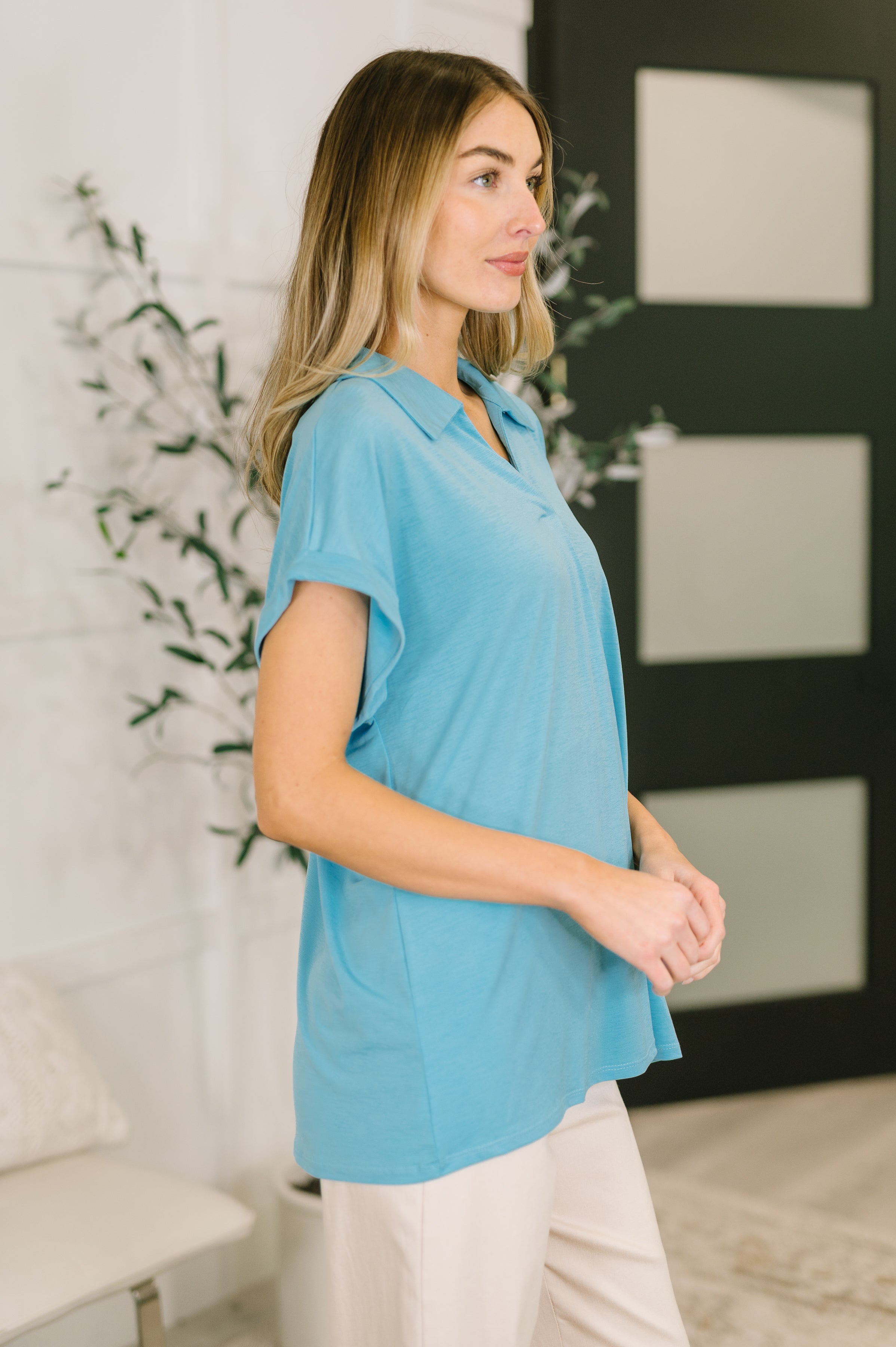 Dear Scarlett Sea You Soon Collared Top in Costal Blue Womens