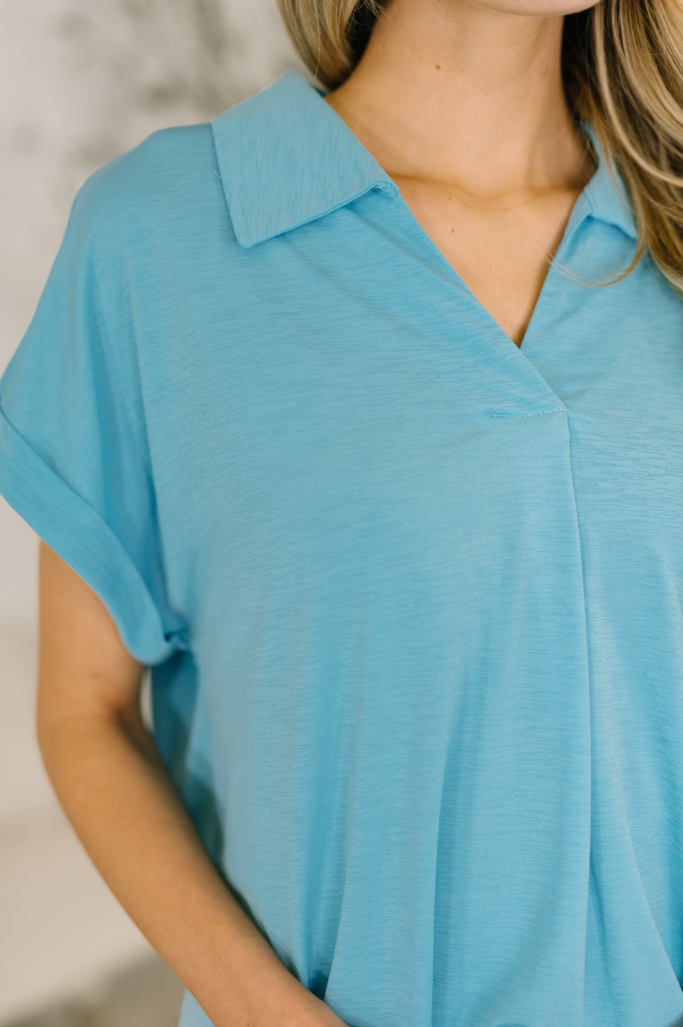 Dear Scarlett Sea You Soon Collared Top in Costal Blue Womens