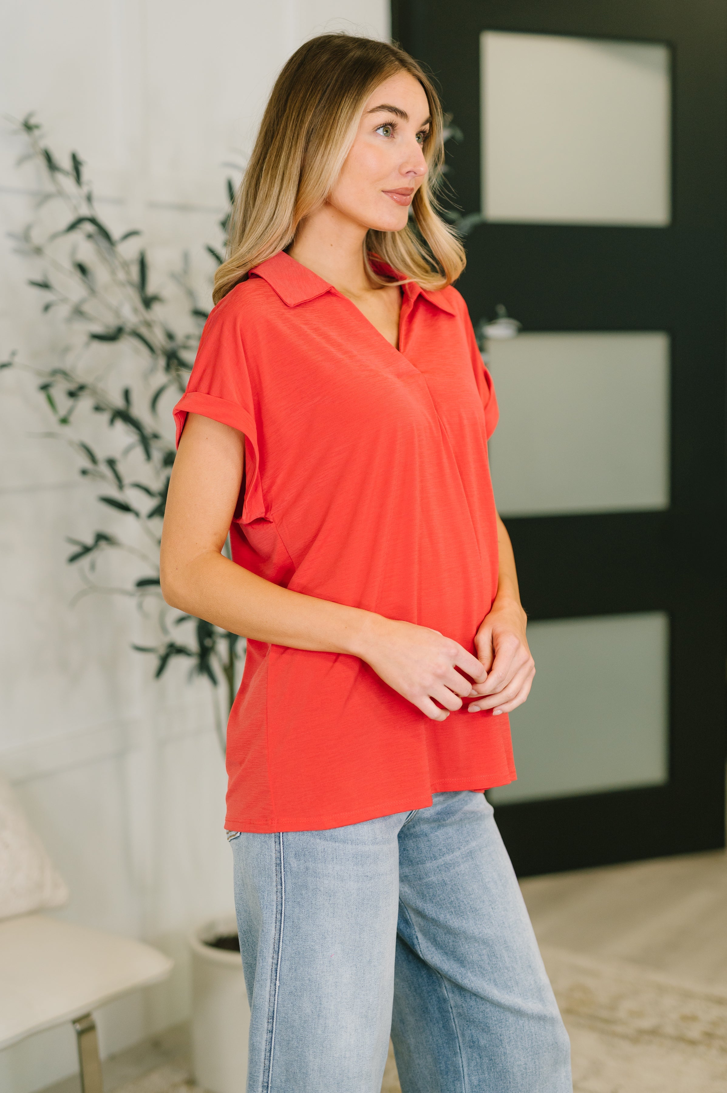 Dear Scarlett Sea You Soon Collared Top in Hot Coral Womens